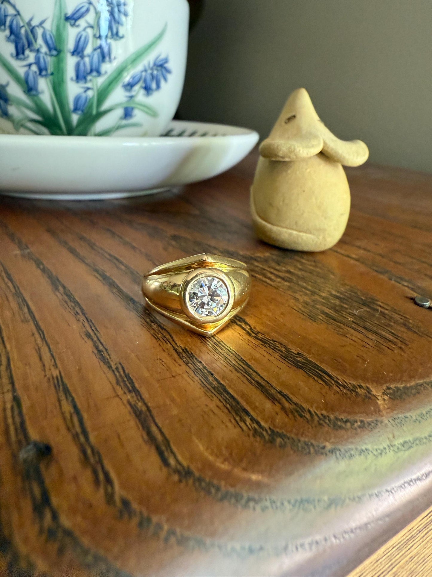 Vintage 1 Carat VVS1 A+ Quality DIAMOND Chevron Ring With DATED RECEIPT French 18k Gold Unisex Gypsy Solitaire Chunky Wide Band Stacker