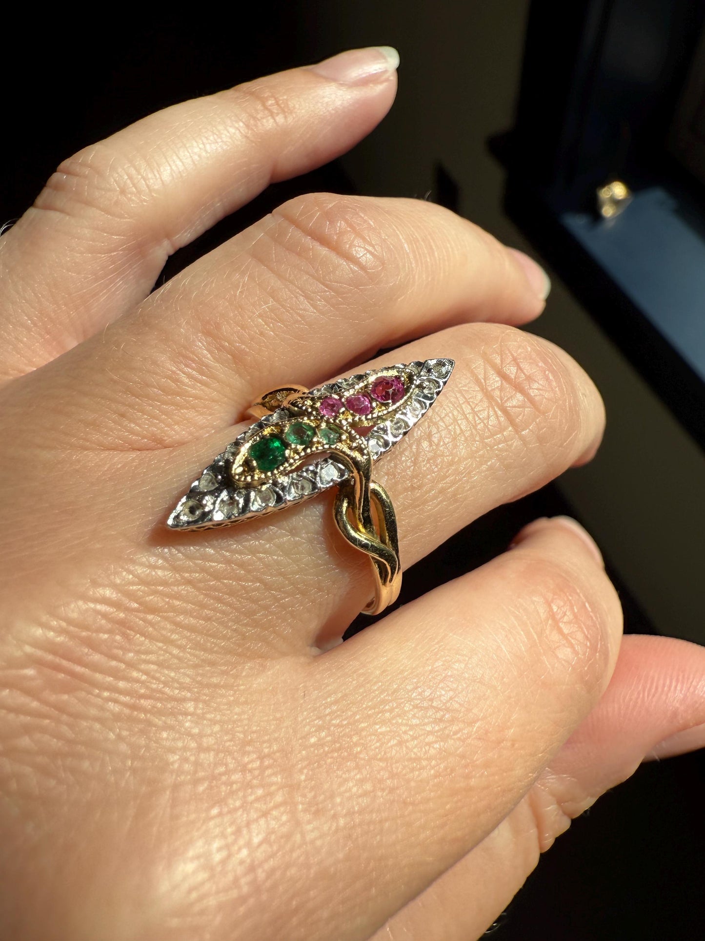 Double SNAKES Antique Ring Ruby Emerald Rose Cut DIAMOND Halo Navette Ring 18k Gold Platinum Red Green Sparkle Stacker Victorian Love Gift