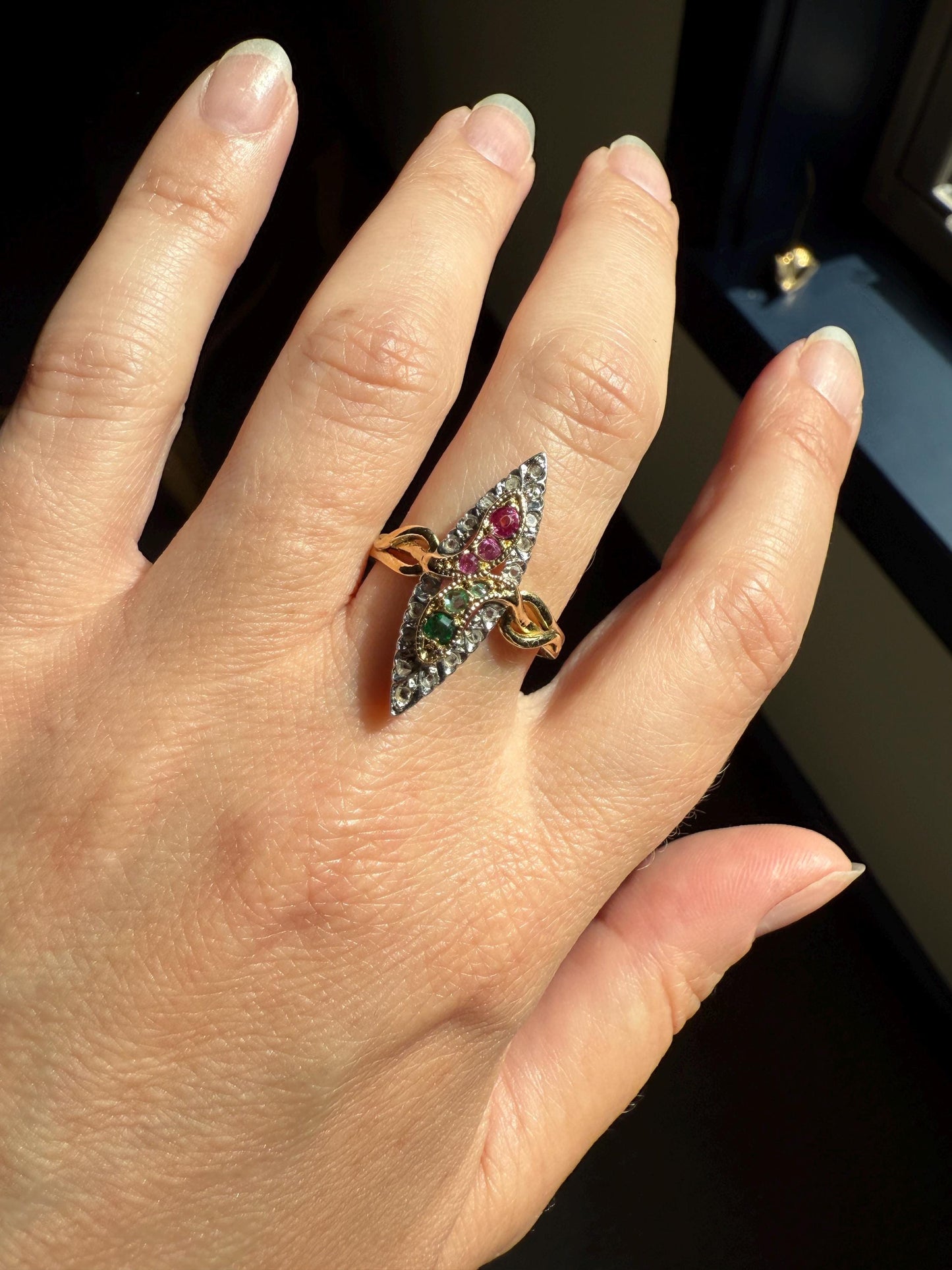 Double SNAKES Antique Ring Ruby Emerald Rose Cut DIAMOND Halo Navette Ring 18k Gold Platinum Red Green Sparkle Stacker Victorian Love Gift