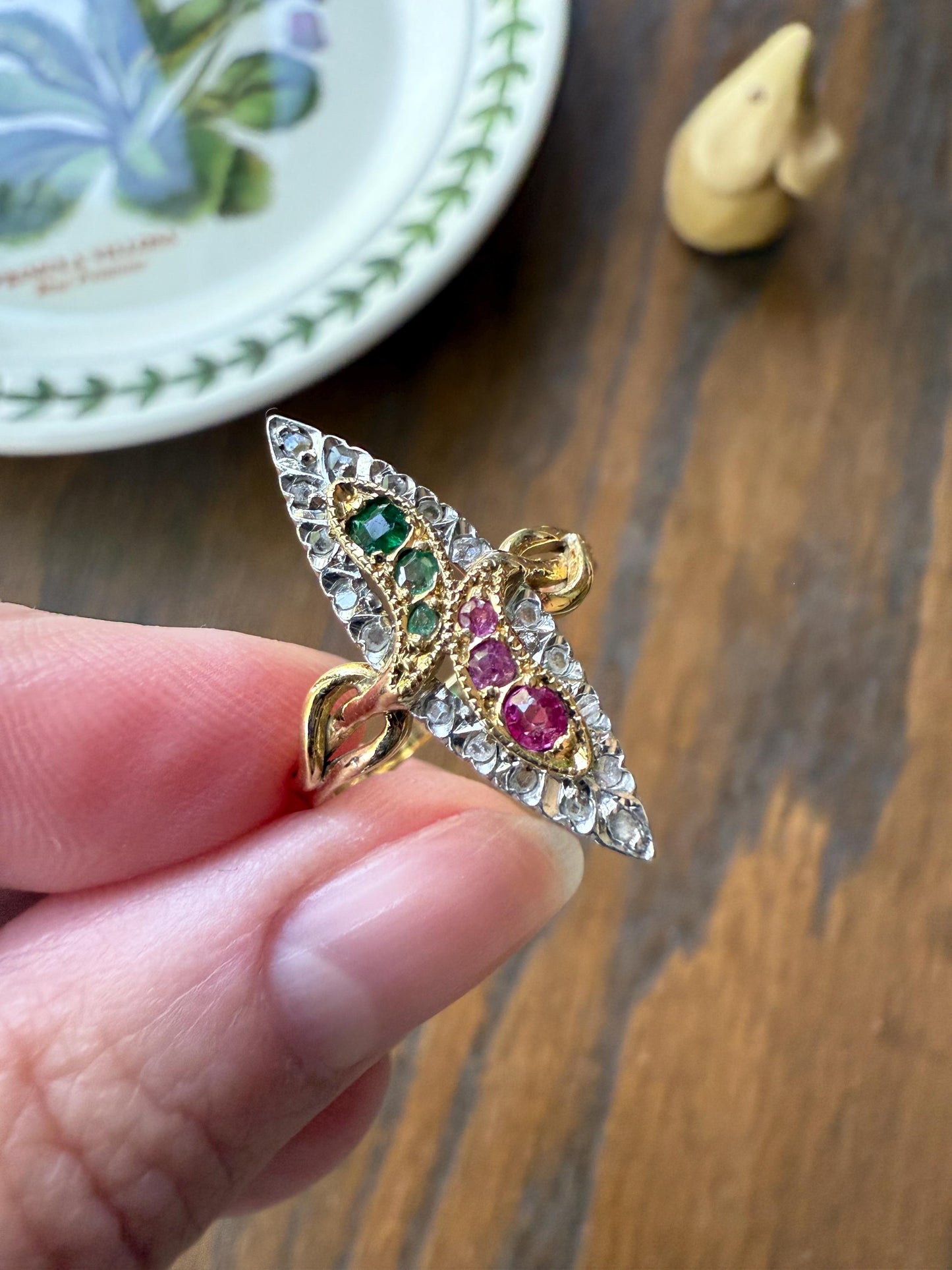 Double SNAKES Antique Ring Ruby Emerald Rose Cut DIAMOND Halo Navette Ring 18k Gold Platinum Red Green Sparkle Stacker Victorian Love Gift