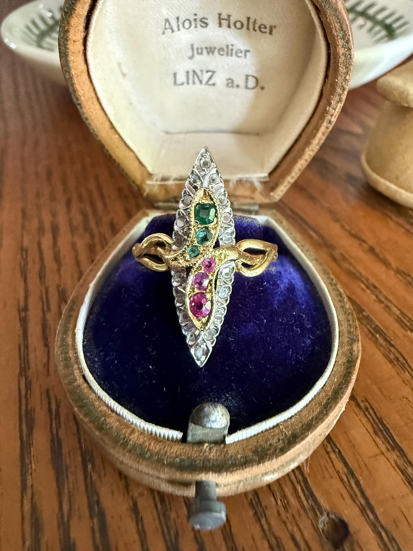 Double SNAKES Antique Ring Ruby Emerald Rose Cut DIAMOND Halo Navette Ring 18k Gold Platinum Red Green Sparkle Stacker Victorian Love Gift