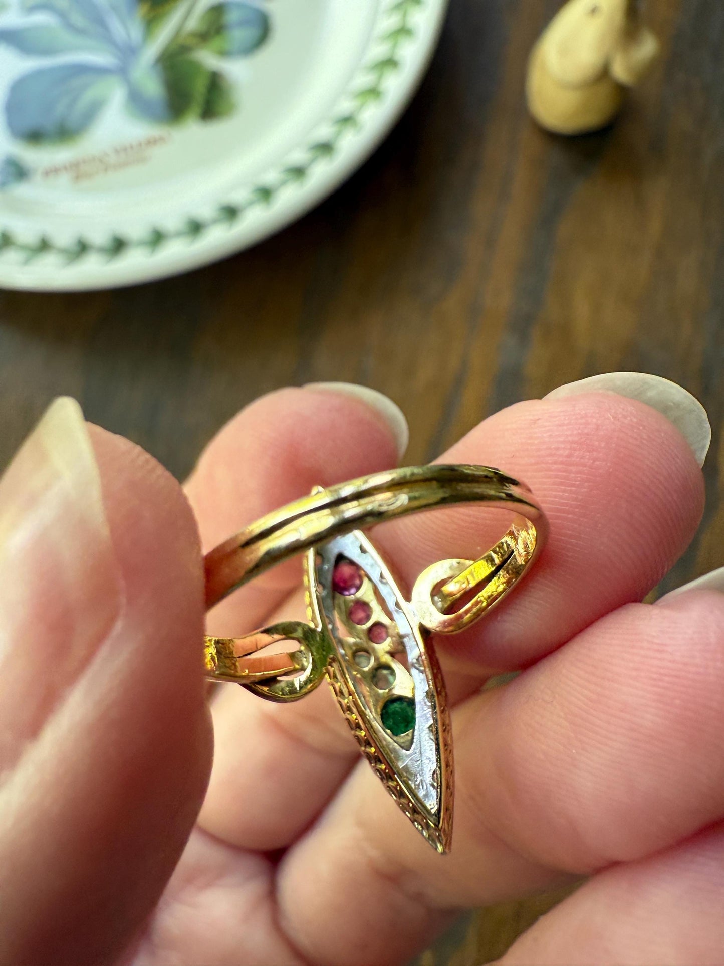 Double SNAKES Antique Ring Ruby Emerald Rose Cut DIAMOND Halo Navette Ring 18k Gold Platinum Red Green Sparkle Stacker Victorian Love Gift