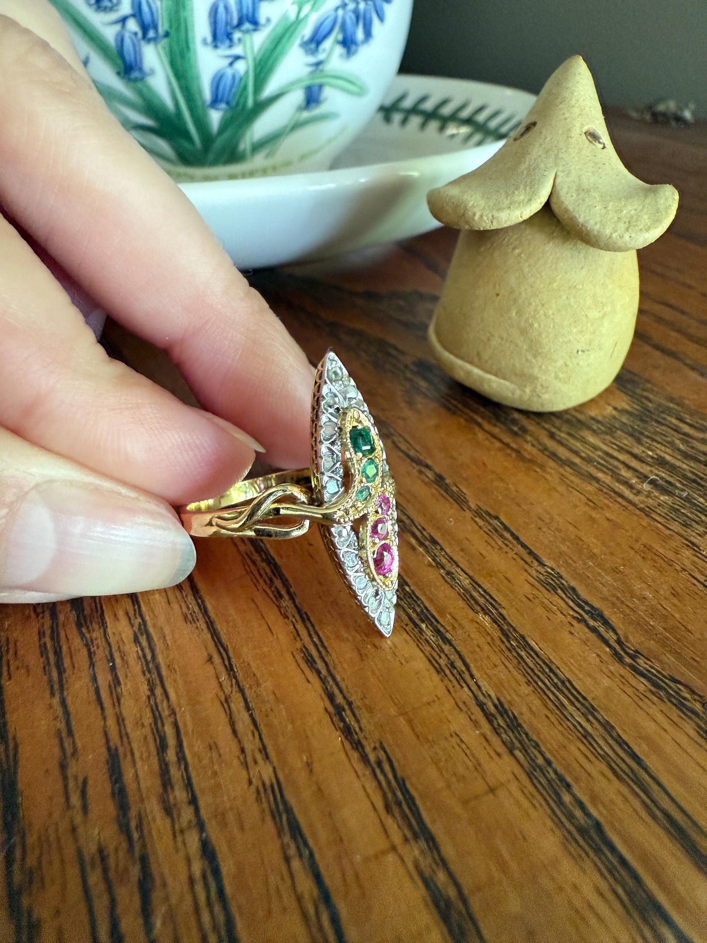 Double SNAKES Antique Ring Ruby Emerald Rose Cut DIAMOND Halo Navette Ring 18k Gold Platinum Red Green Sparkle Stacker Victorian Love Gift