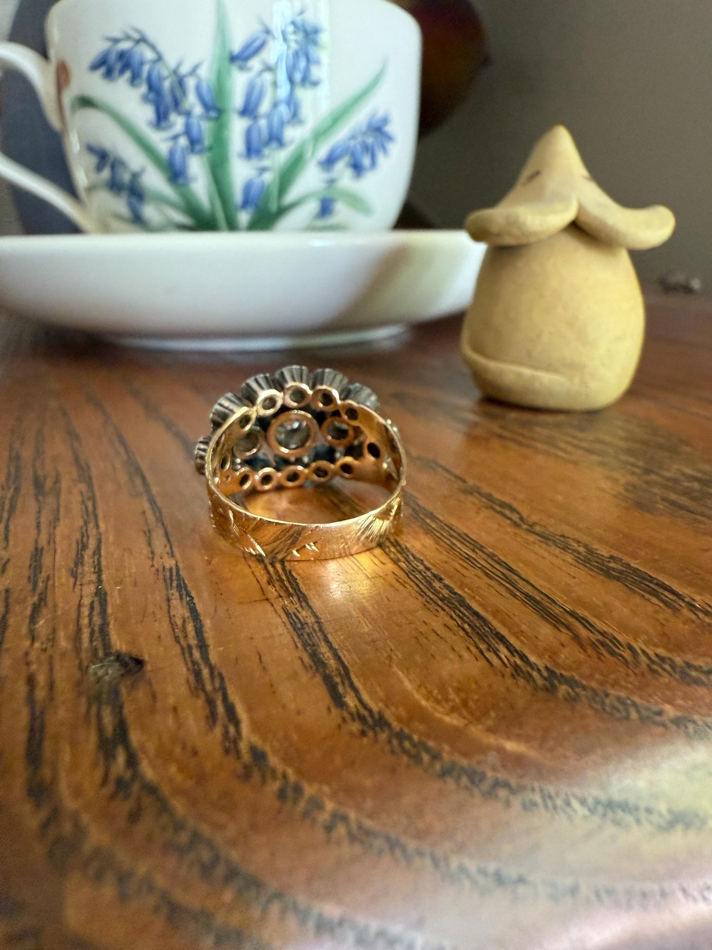 GEORGIAN Era Antique 1.5 Carat Spanish Iberian Triple Row Old Mine Rose Cut Diamond Ring Engraved Band 18k Gold Silver Collet Stacker Gift