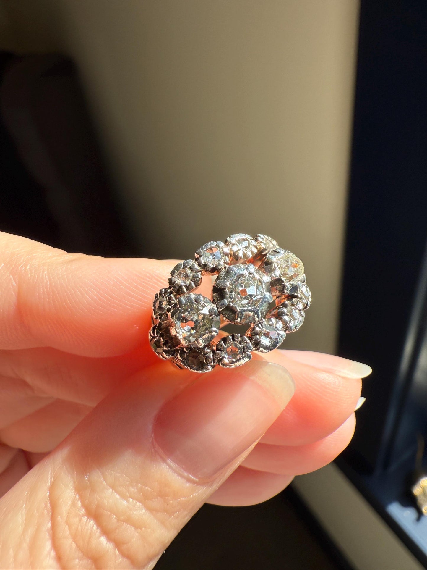 GEORGIAN Era Antique 1.5 Carat Spanish Iberian Triple Row Old Mine Rose Cut Diamond Ring Engraved Band 18k Gold Silver Collet Stacker Gift