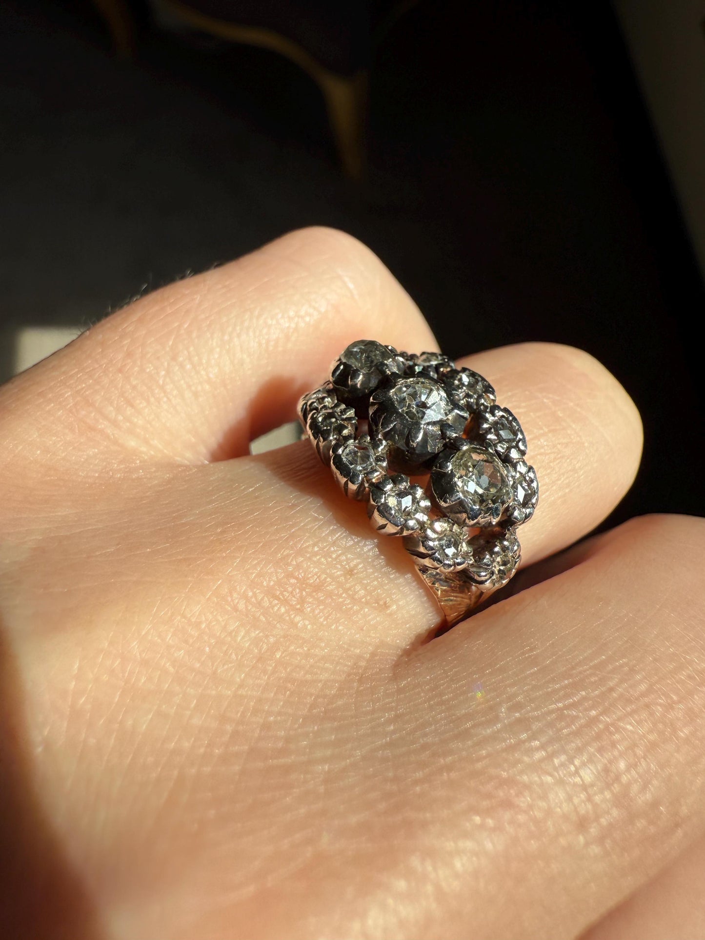 GEORGIAN Era Antique 1.5 Carat Spanish Iberian Triple Row Old Mine Rose Cut Diamond Ring Engraved Band 18k Gold Silver Collet Stacker Gift