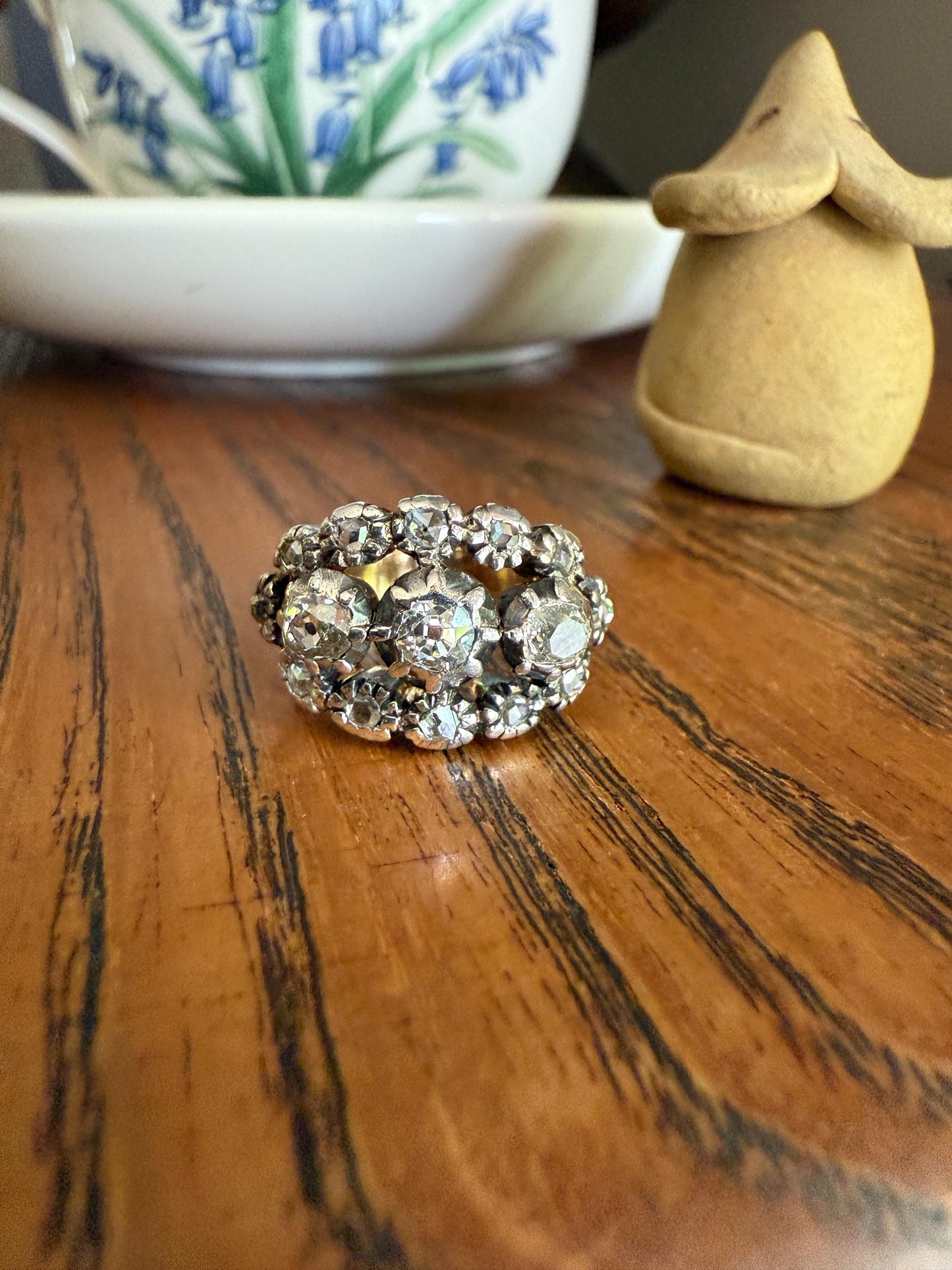 GEORGIAN Era Antique 1.5 Carat Spanish Iberian Triple Row Old Mine Rose Cut Diamond Ring Engraved Band 18k Gold Silver Collet Stacker Gift