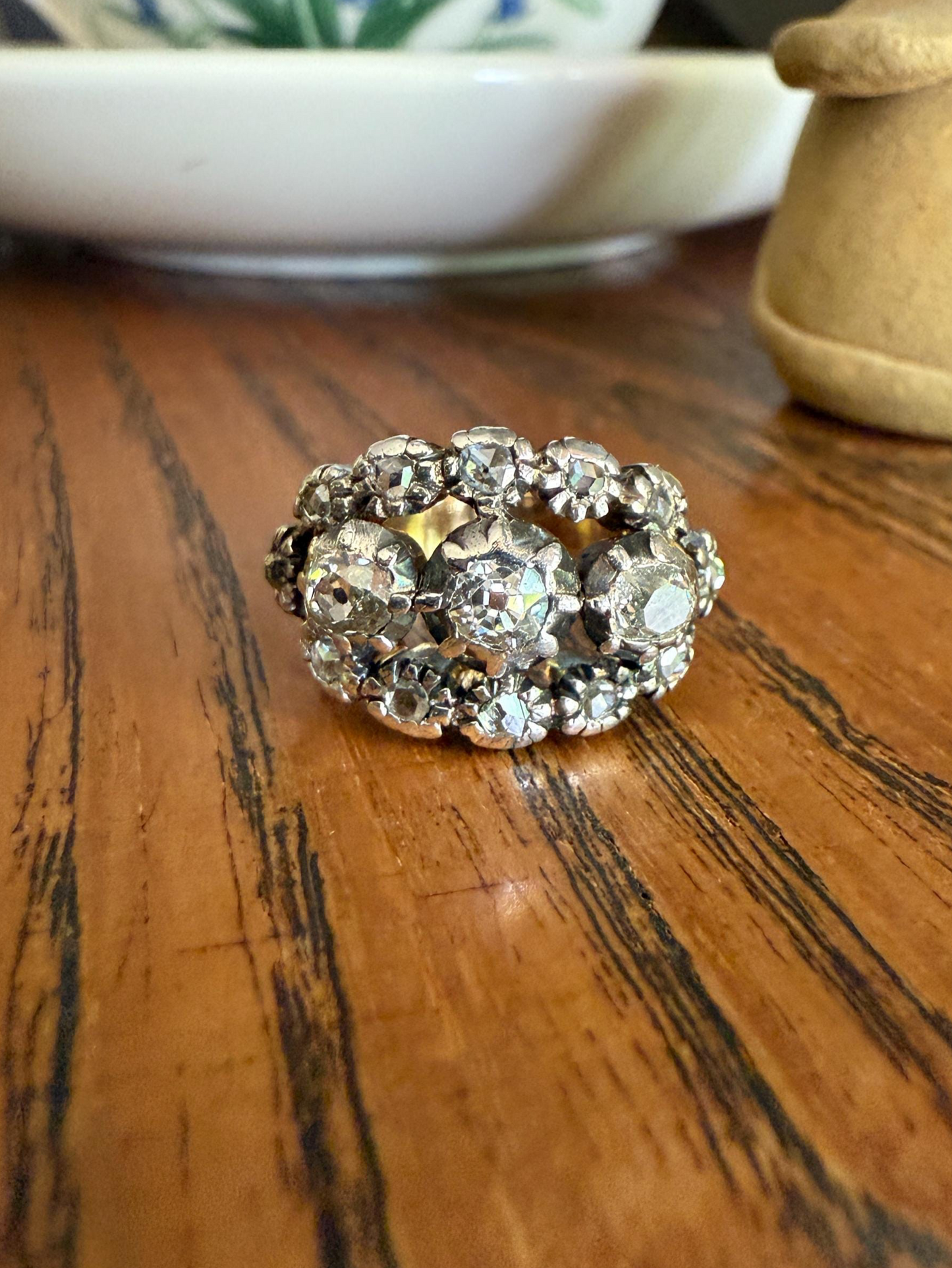 GEORGIAN Era Antique 1.5 Carat Spanish Iberian Triple Row Old Mine Rose Cut Diamond Ring Engraved Band 18k Gold Silver Collet