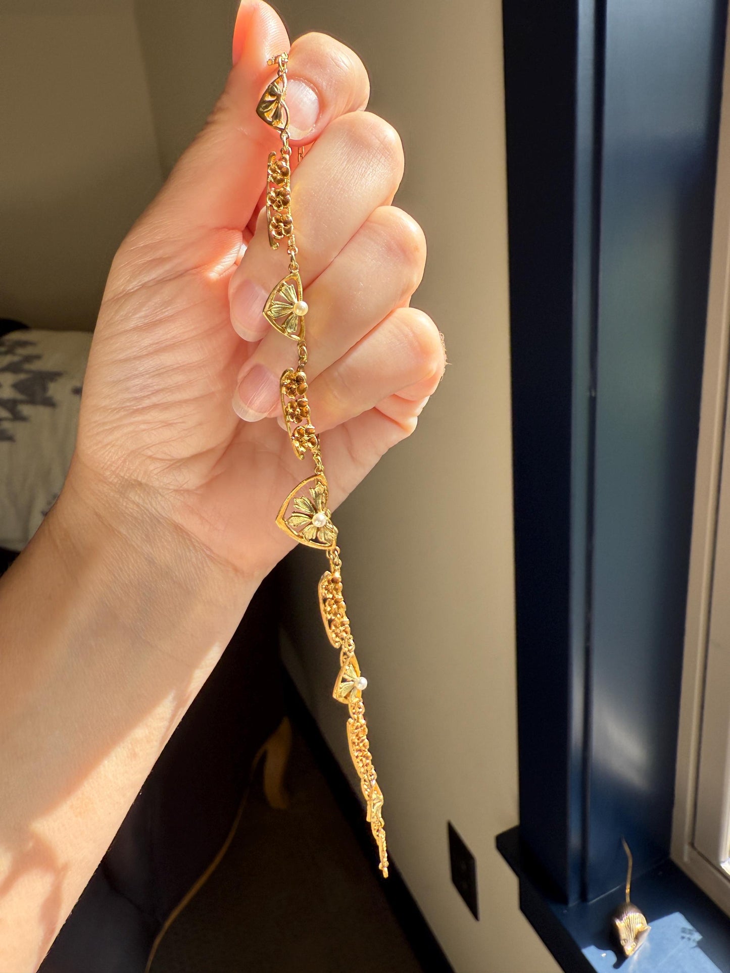 FORGET ME NOTS French Art Nouveau Antique 18k Gold Green Leaf Pearl Floral Necklace Drapery Chain Collar Flower Pendants Love Gift Bridal