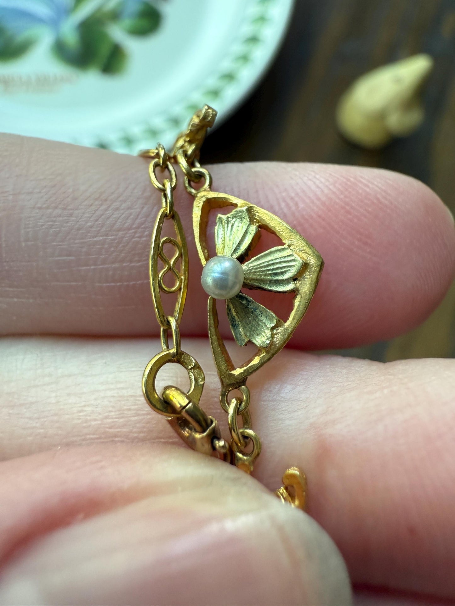 FORGET ME NOTS French Art Nouveau Antique 18k Gold Green Leaf Pearl Floral Necklace Drapery Chain Collar Flower Pendants Love Gift Bridal