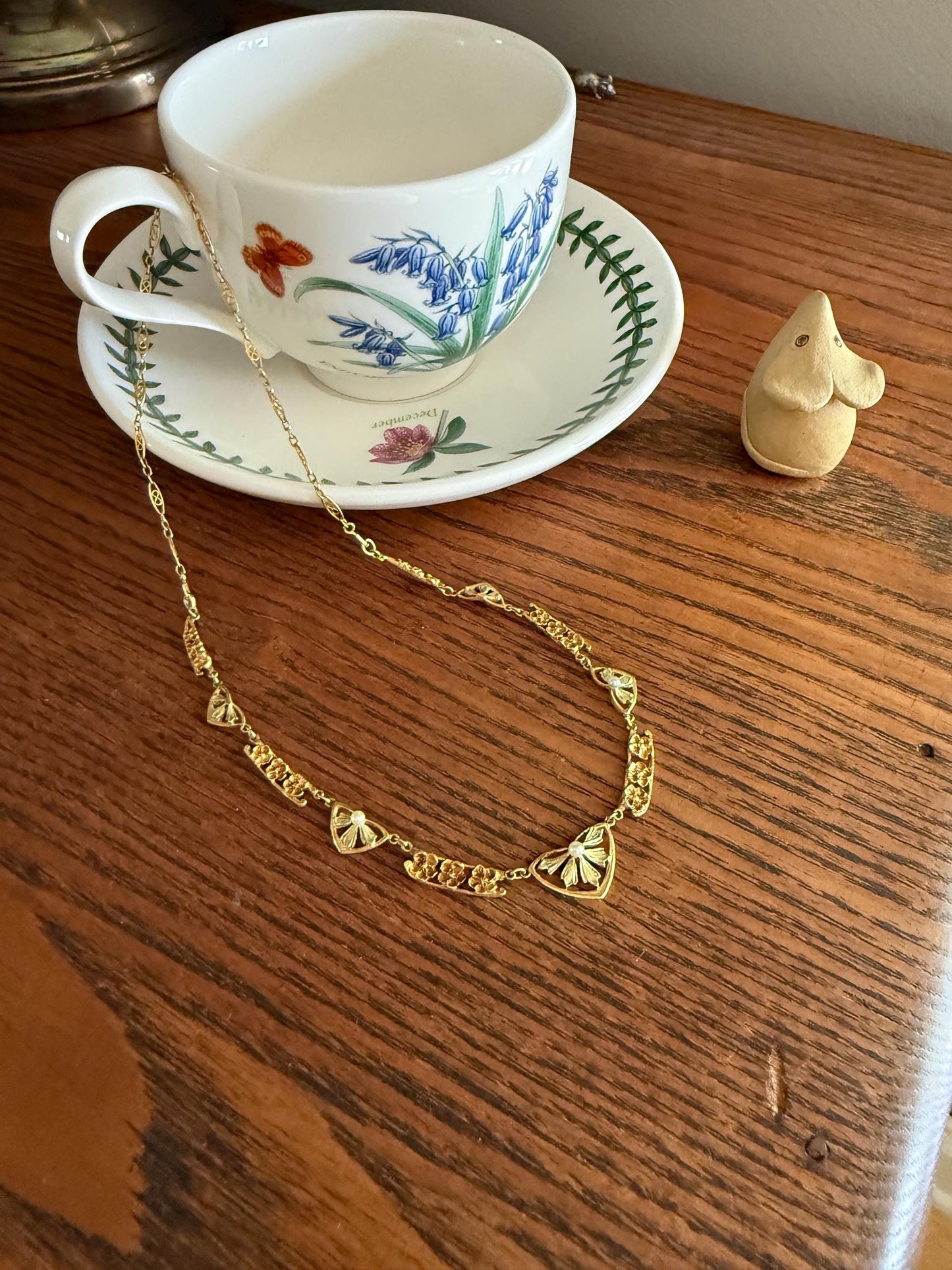 FORGET ME NOTS French Art Nouveau Antique 18k Gold Green Leaf Pearl Floral Necklace Drapery Chain Collar Flower Pendants Love Gift Bridal
