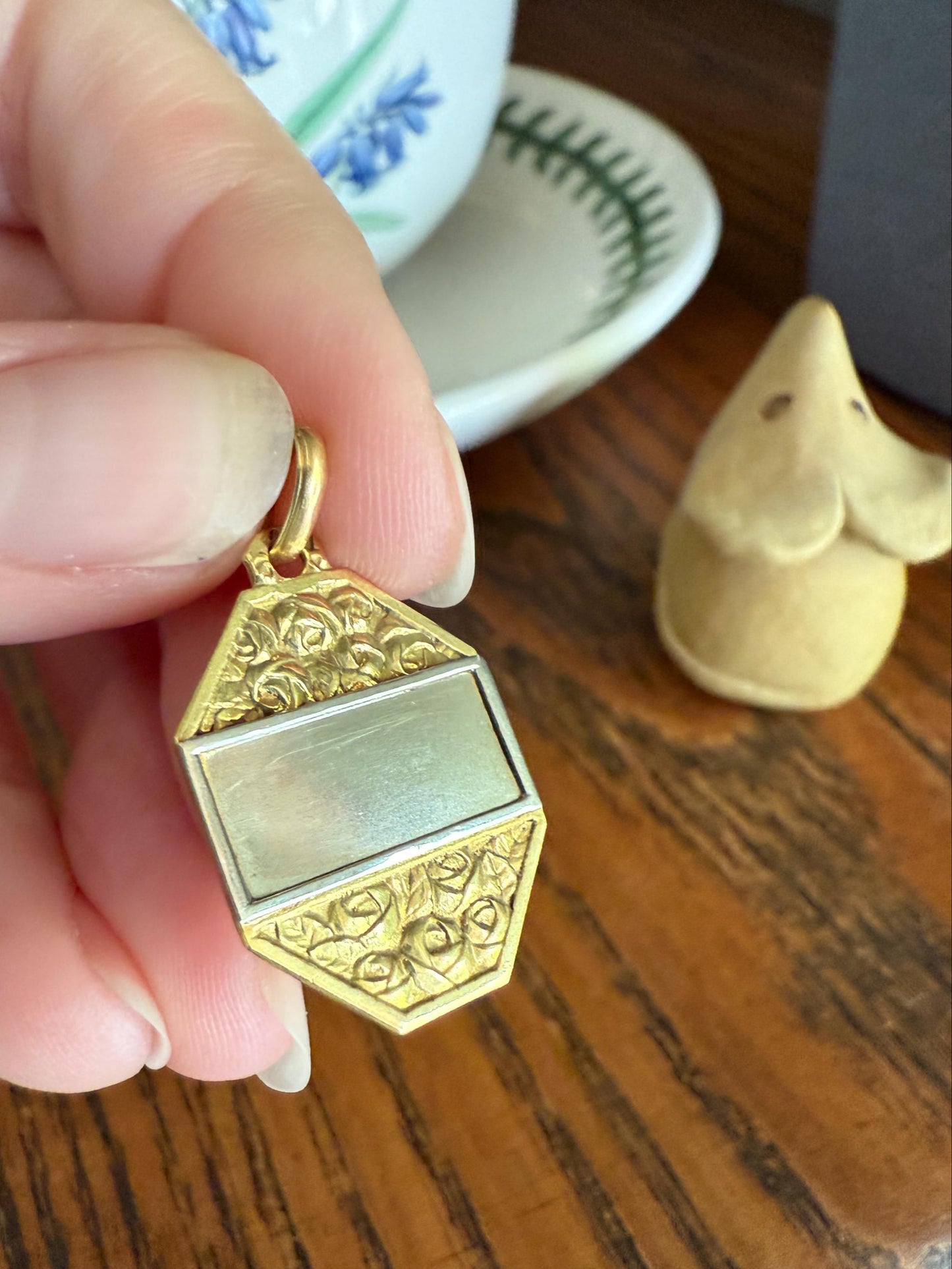 ROSES Blank OCTAGON Antique French Love Medal Art Deco 18k Gold PENDANT Belle Epoque Charm Floral Romantic Gift Ready to Engrave Ornate