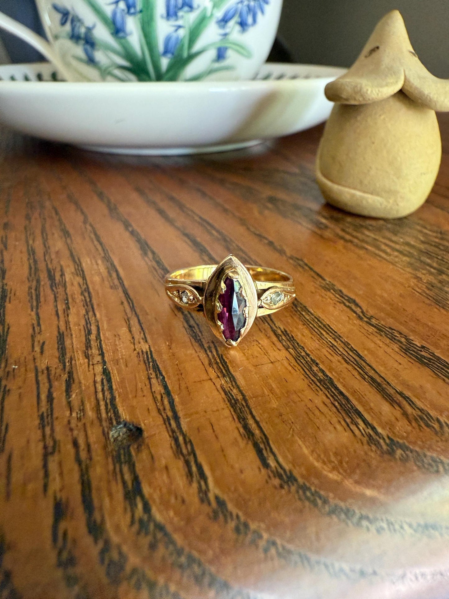 MARQUISE Perpignan GARNET Rose Cut Diamond Ring French 18k Gold Purplish Red Light Reflective Foil Back Geometric Stacker Romantic Gift