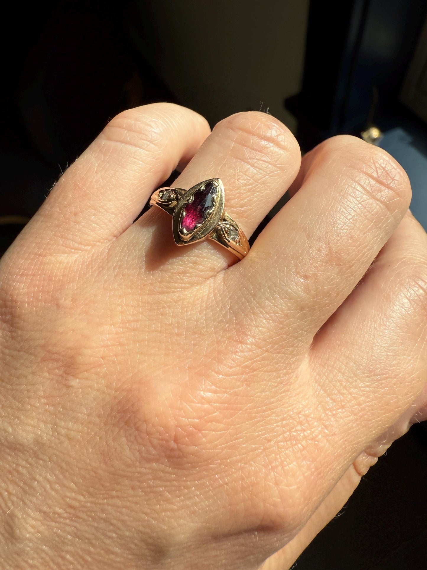 MARQUISE Perpignan GARNET Rose Cut Diamond Ring French 18k Gold Purplish Red Light Reflective Foil Back Geometric Stacker Romantic Gift