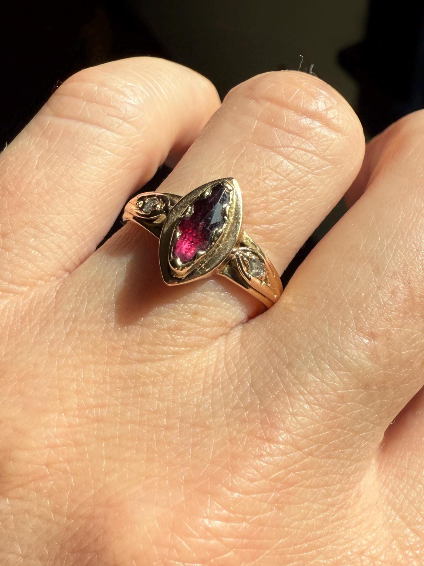 MARQUISE Perpignan GARNET Rose Cut Diamond Ring French 18k Gold Purplish Pink Light Reflective Foil Back