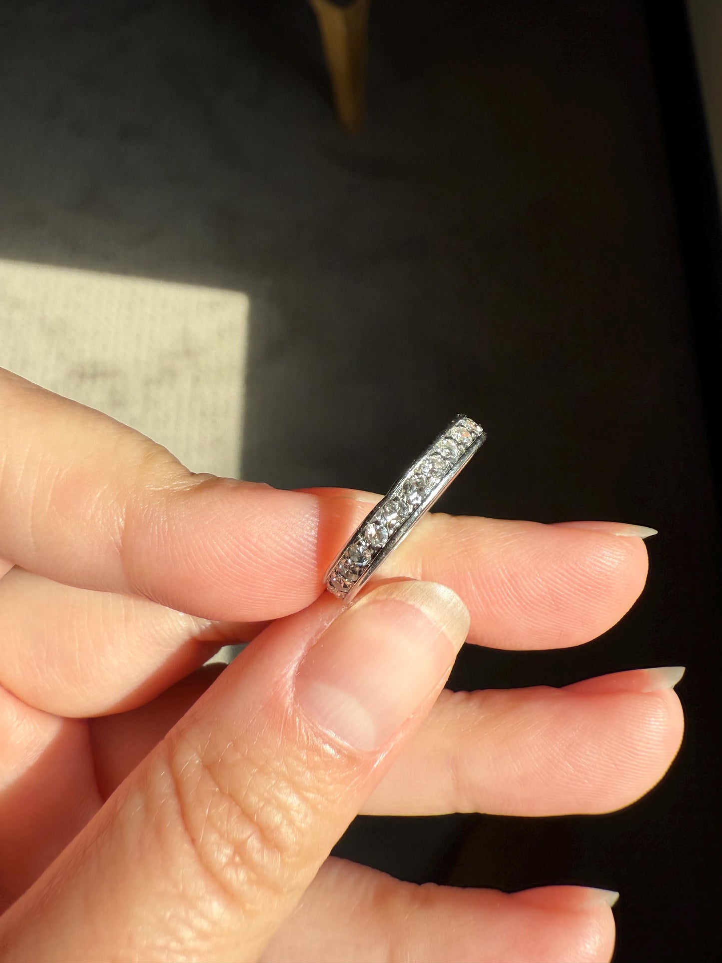 FRENCH Antique Edwardian Art Deco .8 Carat 26 Old Single Cut DiAMOND Platinum FuLL ETERNITY Band Engraved Ring Wedding 0.8Ctw Tdw Stacker