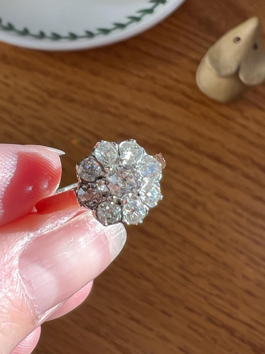 VICTORIAN Antique 1 Carat Old Mine Cut DIAMOND Cluster Ring 18k Rosy Gold Band Stacker French Antique Hallmark Belle Epoque
