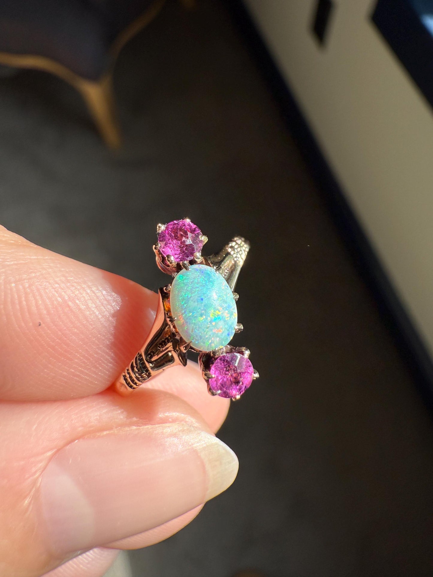 Blue Opal Angled Purple Rhodolite Garnet Antique Three Stone Ring Victorian Ring Ornate Stacker 10k Gold Linear Band Color Romantic Gift