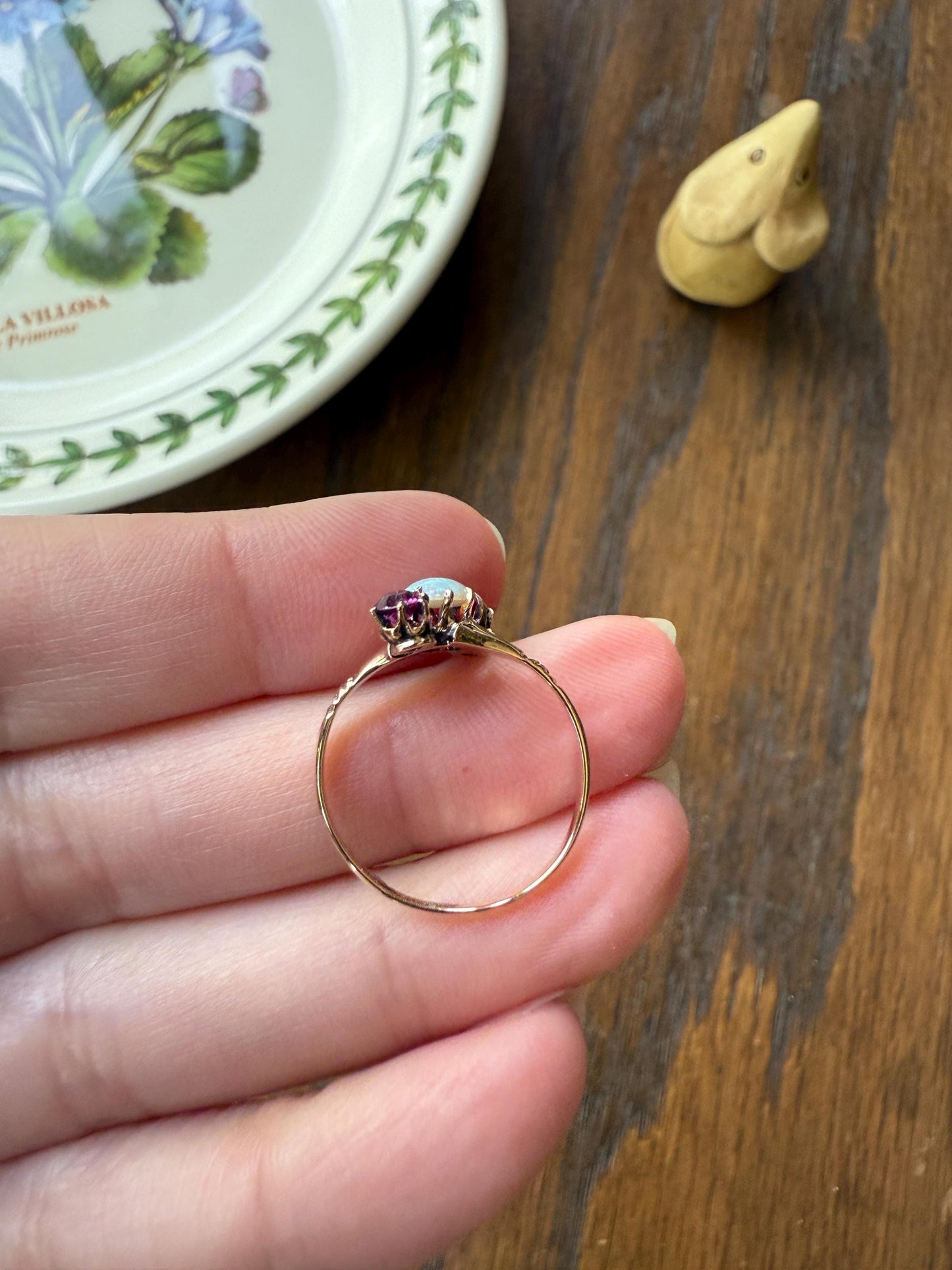 Blue Opal Angled Purple Rhodolite Garnet Antique Three Stone Ring Victorian Ring Ornate Stacker 10k Gold Linear Band Color Romantic Gift