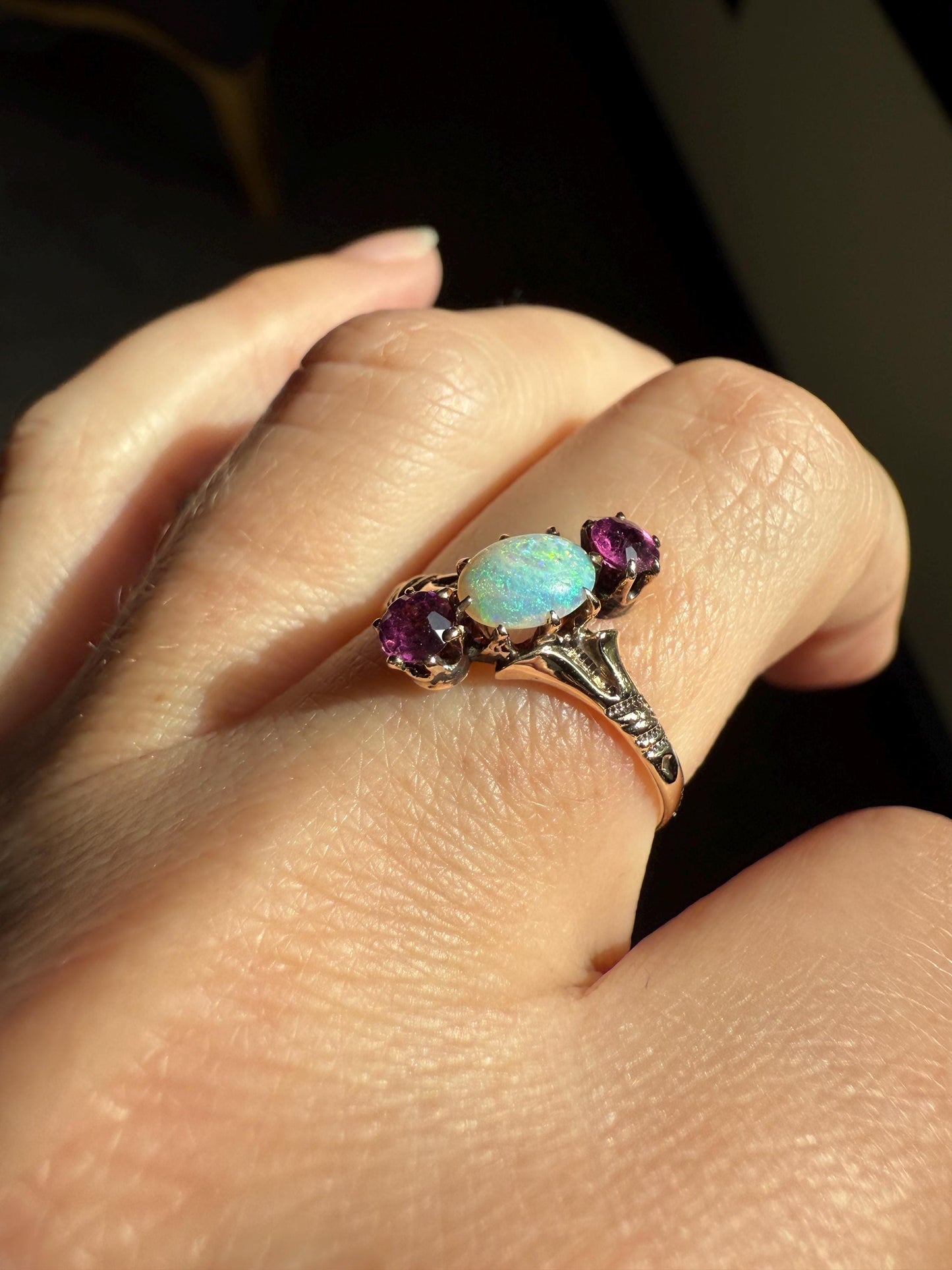 Blue Opal Angled Purple Rhodolite Garnet Antique Three Stone Ring Victorian Ring Ornate Stacker 10k Gold Linear Band Color Romantic Gift