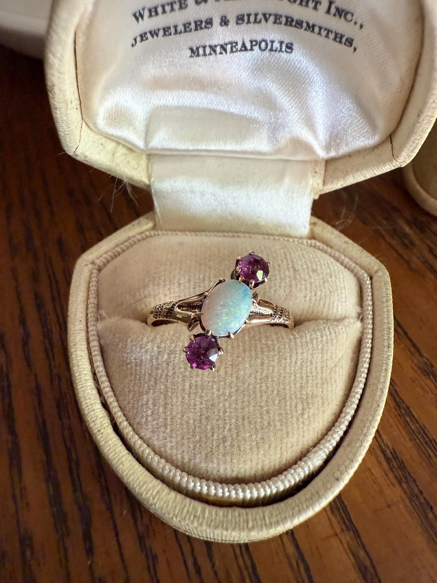 Blue Opal Angled Purple Rhodolite Garnet Antique Three Stone Ring Victorian Ring Ornate Stacker 10k Gold Linear Band Color Romantic Gift