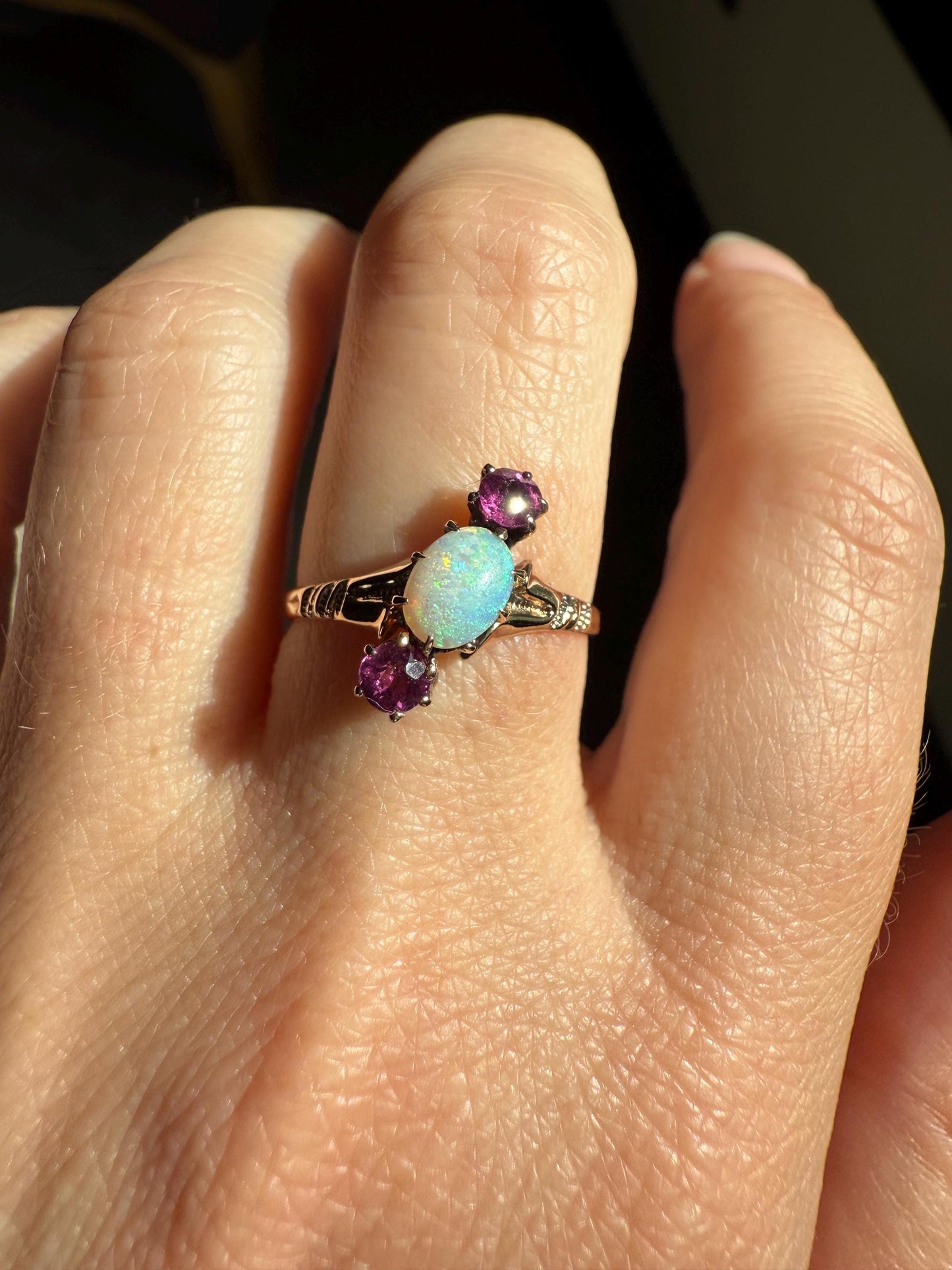 Blue Opal Angled Purple Rhodolite Garnet Antique Three Stone Ring Victorian Ring Ornate Stacker 10k Gold Linear Band Color Romantic Gift