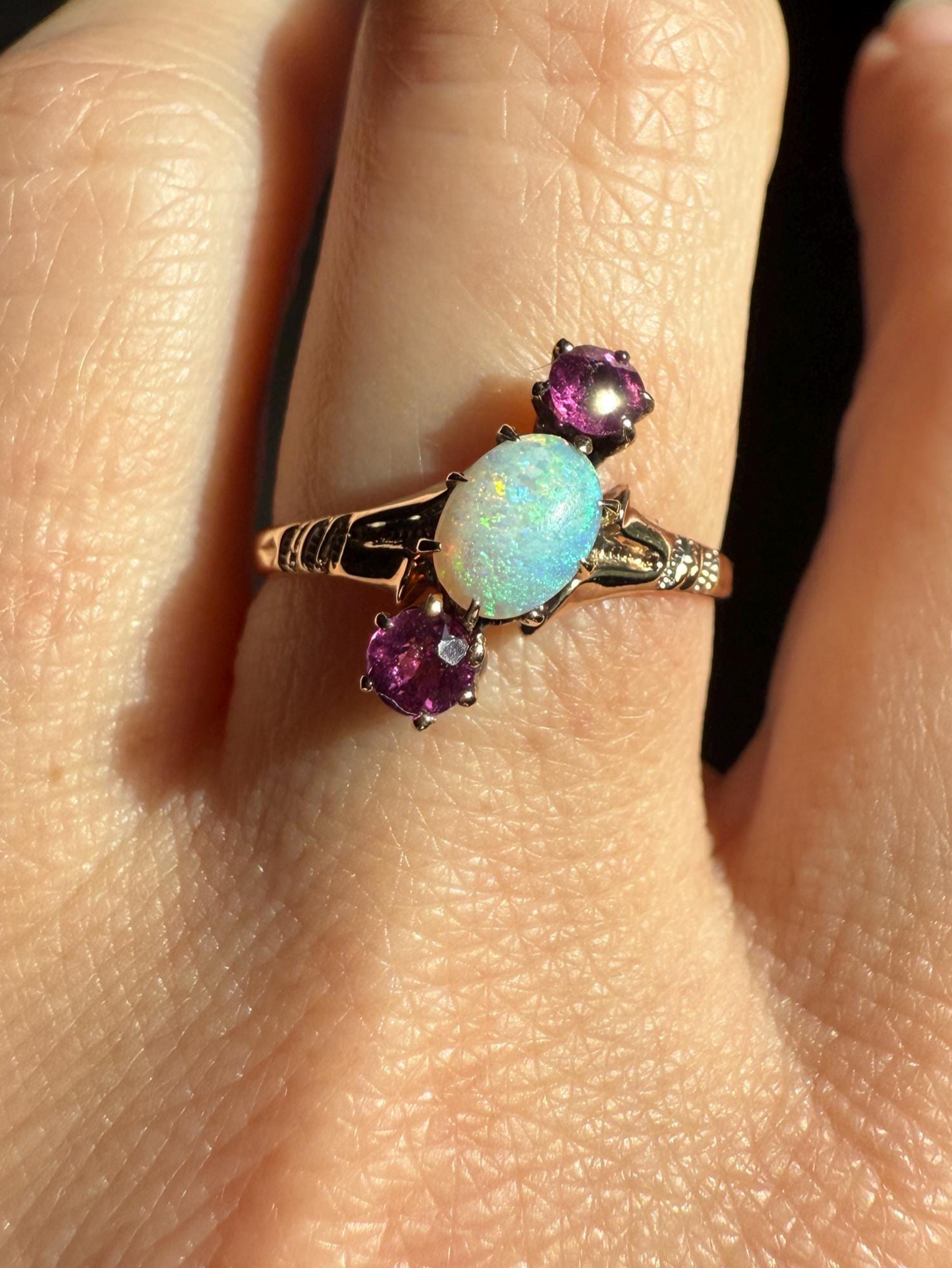 Blue Opal Angled Purple Rhodolite Garnet Antique Three Stone Ring Victorian Ring Ornate Stacker 10k Gold