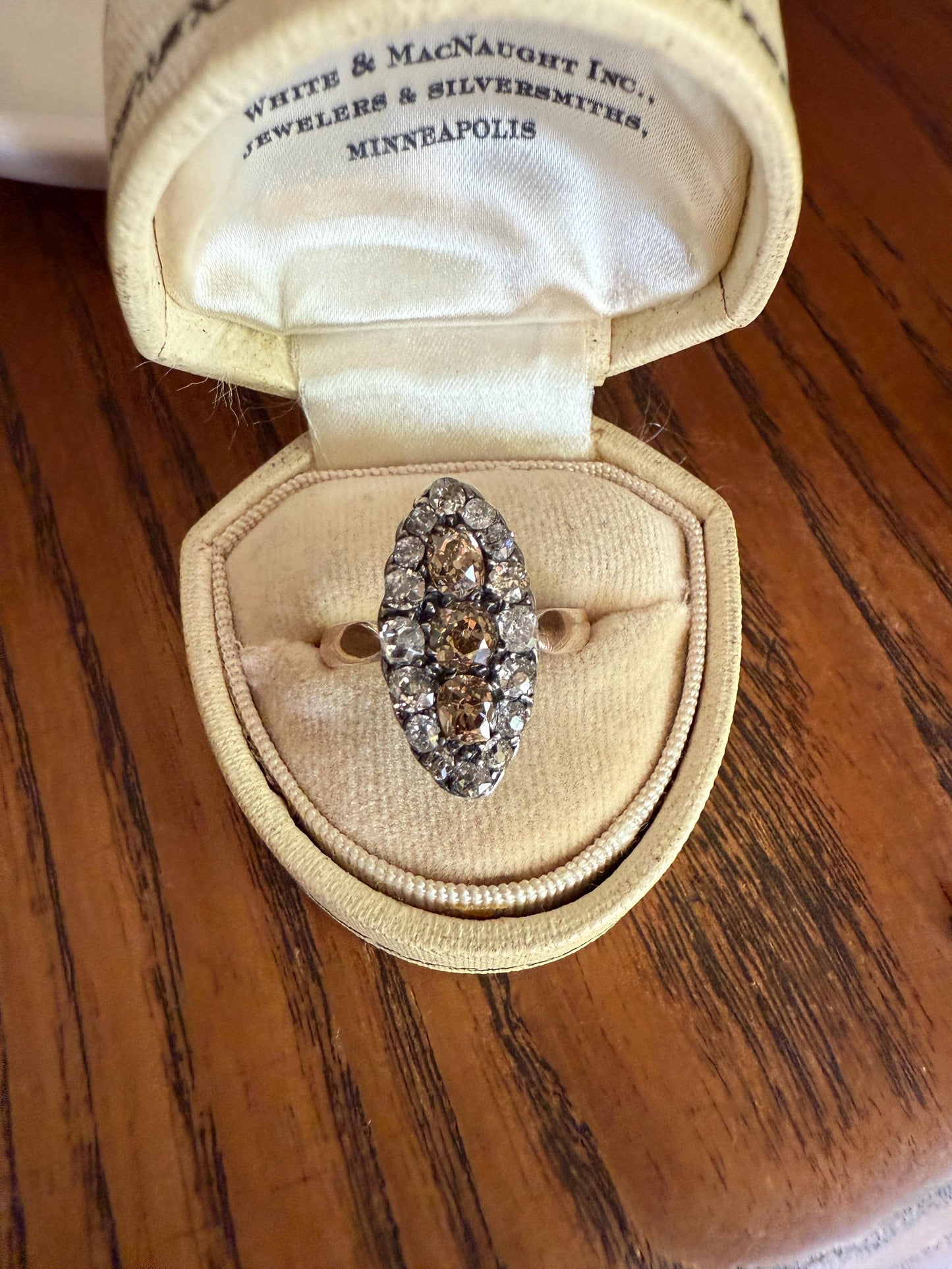 Uncommon 2.25 Carat Fancy Brown & White Halo Old Mine Cut Diamond Navette Ring Oval Victorian Antique 18k Gold Silver Chocolate Champagne