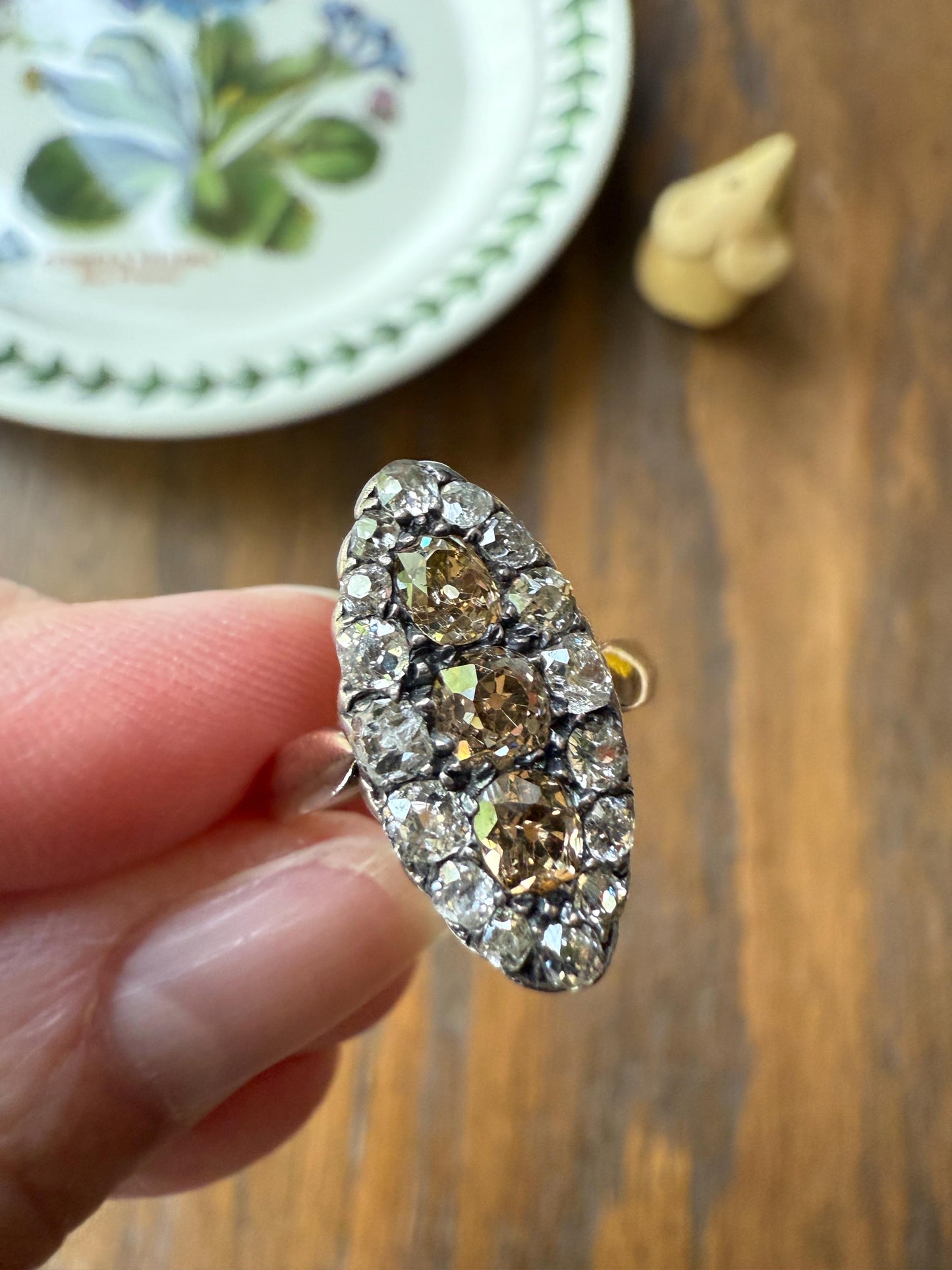 Uncommon 2.25 Carat Fancy Brown & White Halo Old Mine Cut Diamond Navette Ring Oval Victorian Antique 18k Gold Silver Chocolate Champagne