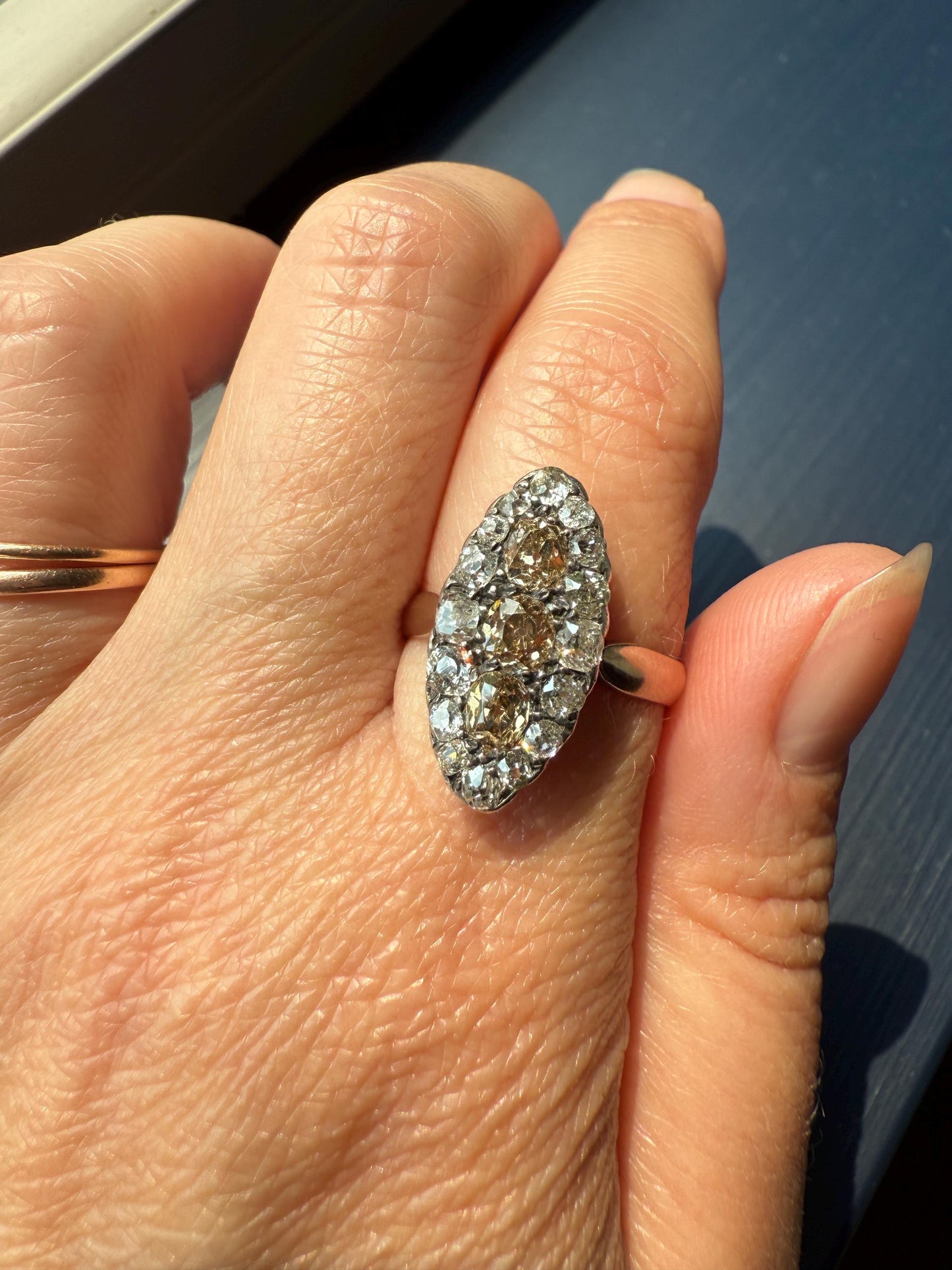 Uncommon 2.25 Carat Fancy Brown & White Halo Old Mine Cut Diamond Navette Ring Oval Victorian Antique 18k Gold Silver Chocolate Champagne