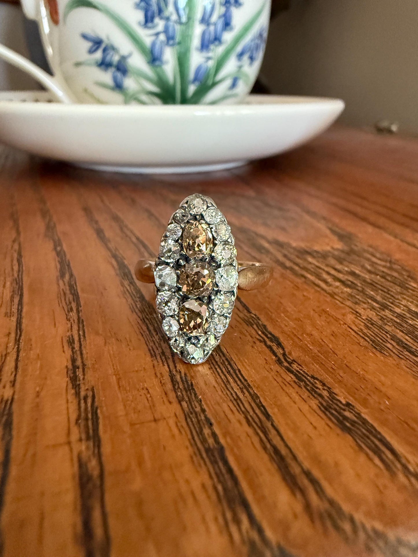 Uncommon 2.25 Carat Fancy Brown & White Halo Old Mine Cut Diamond Navette Ring Oval Victorian Antique 18k Gold Silver Chocolate Champagne