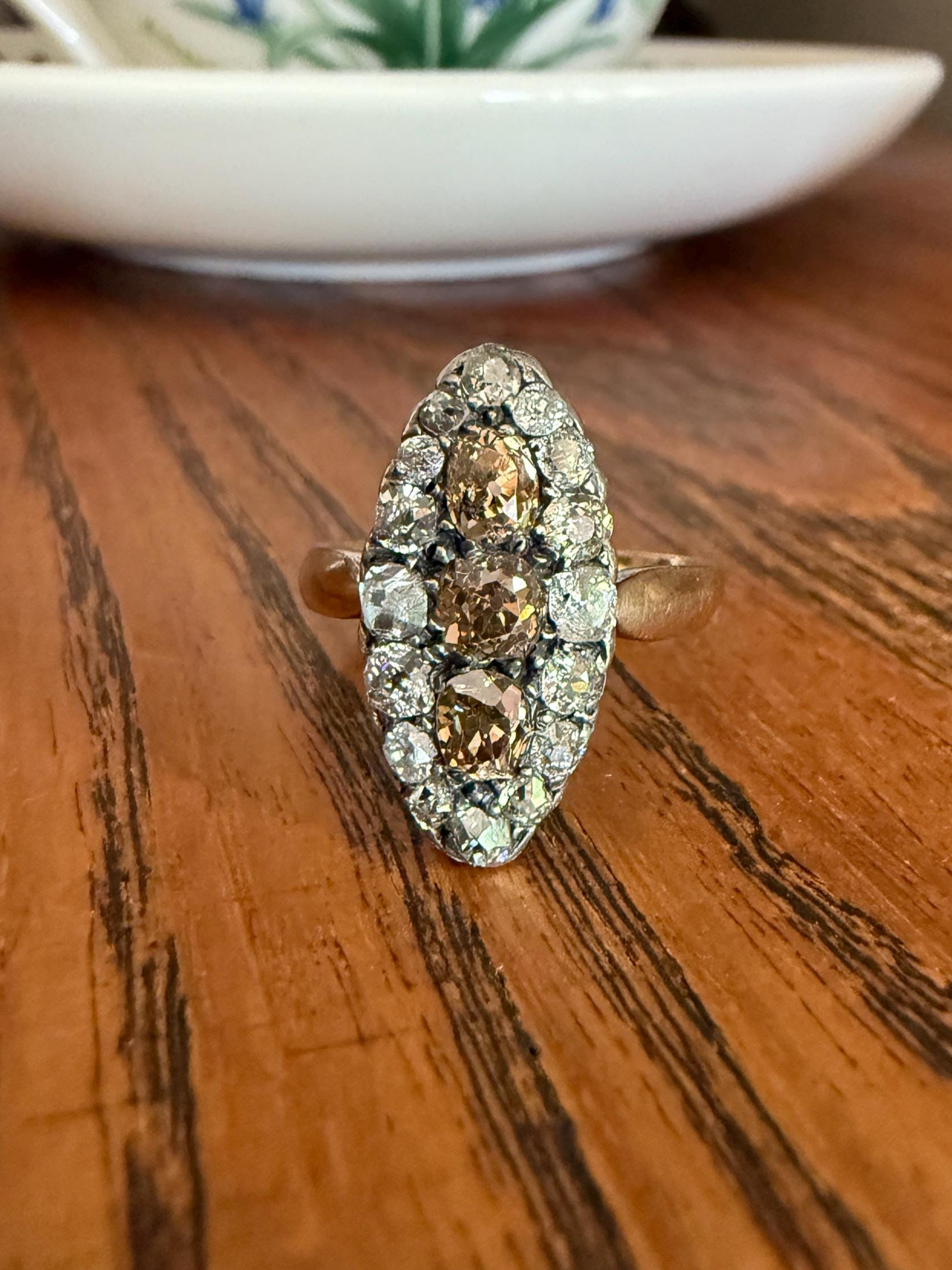 Uncommon 2.25 Carat Fancy Brown & White Halo Old Mine Cut Diamond Navette Ring Oval Victorian Antique 18k Gold Silver