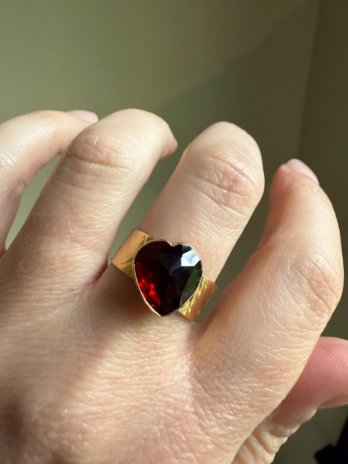 HEART Vintage Perpignan GARNET 7mm Wide Cigar Band Ring Figural Stacker Crimson Glowing Red Angled Textured Romantic Gift
