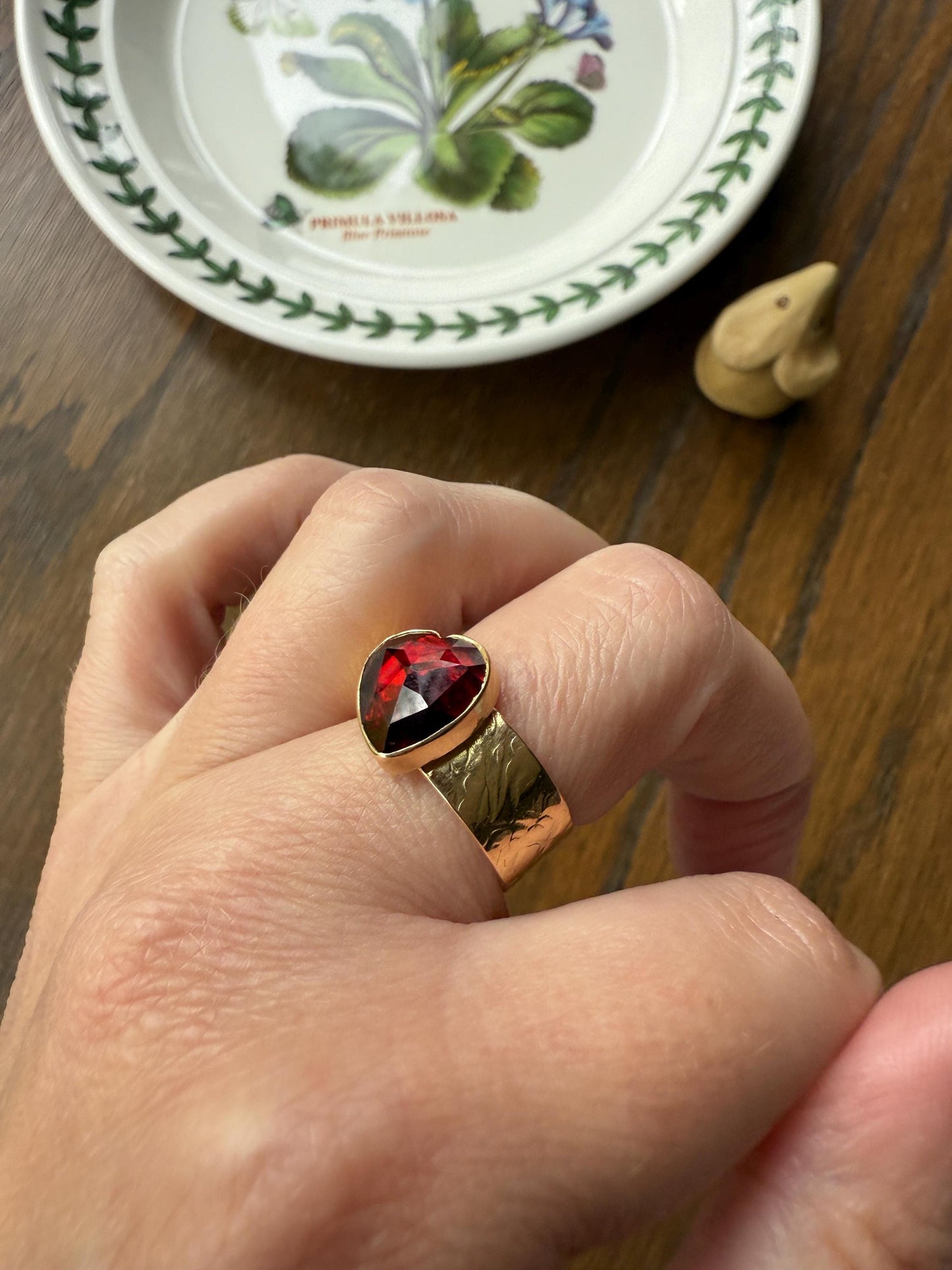 HEART Vintage Perpignan GARNET 7mm Wide Cigar Band Ring Figural Stacker Crimson Glowing Red Angled Textured Romantic Gift