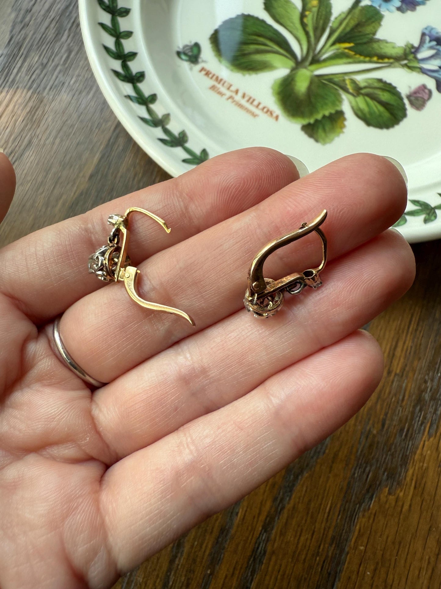 FRENCH Antique 18k GOLD Rose Cut Diamond Earrings Victorian Dangle Dormeuse Gift Belle Epoque Bridal Something Old Crown
