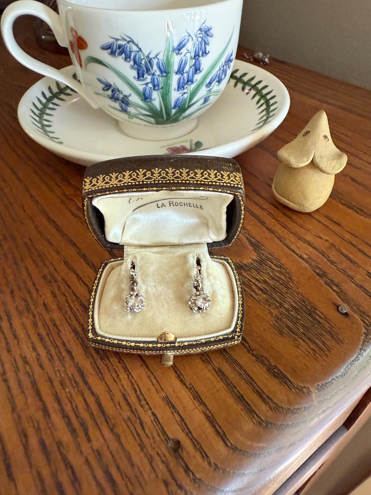 FRENCH Antique 18k GOLD Rose Cut Diamond Earrings Victorian Dangle Dormeuse Gift Belle Epoque Bridal Something Old Crown