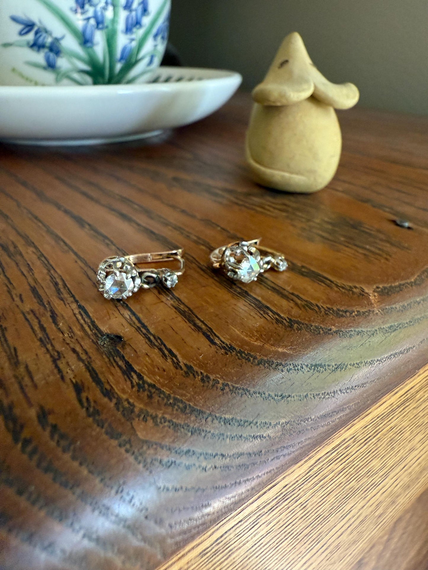 FRENCH Antique 18k GOLD Rose Cut Diamond Earrings Victorian Dangle Dormeuse Gift Belle Epoque Bridal Something Old Crown