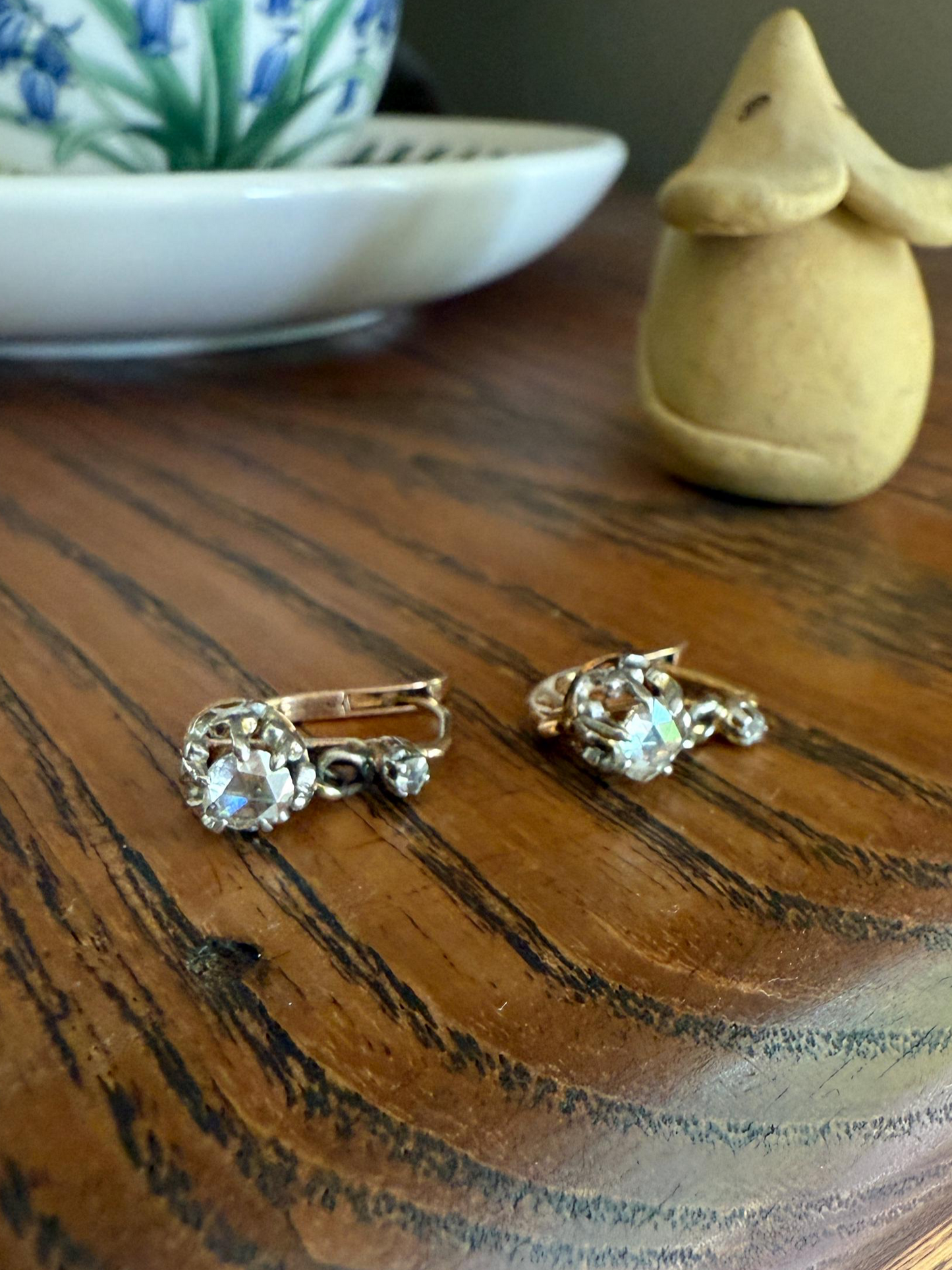FRENCH Antique 18k GOLD Rose Cut Diamond Earrings Victorian Dangle Dormeuse