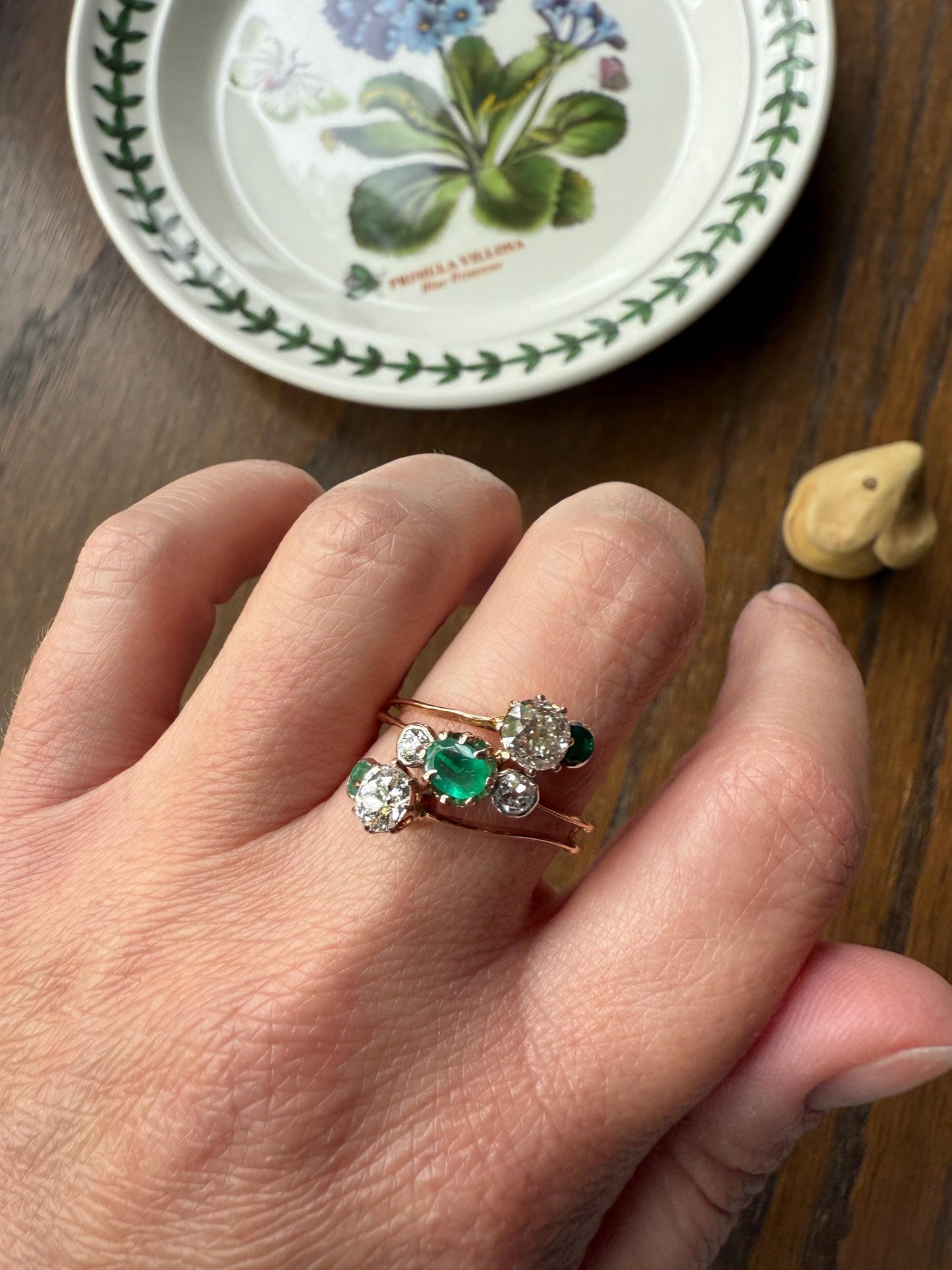 Antique EMERALD 1.4 Carat Old Mine Cut DIAMOND Angled Cluster Ring Chunky White Victorian 18k Gold Two Levels Double Bands Green Gift OMC