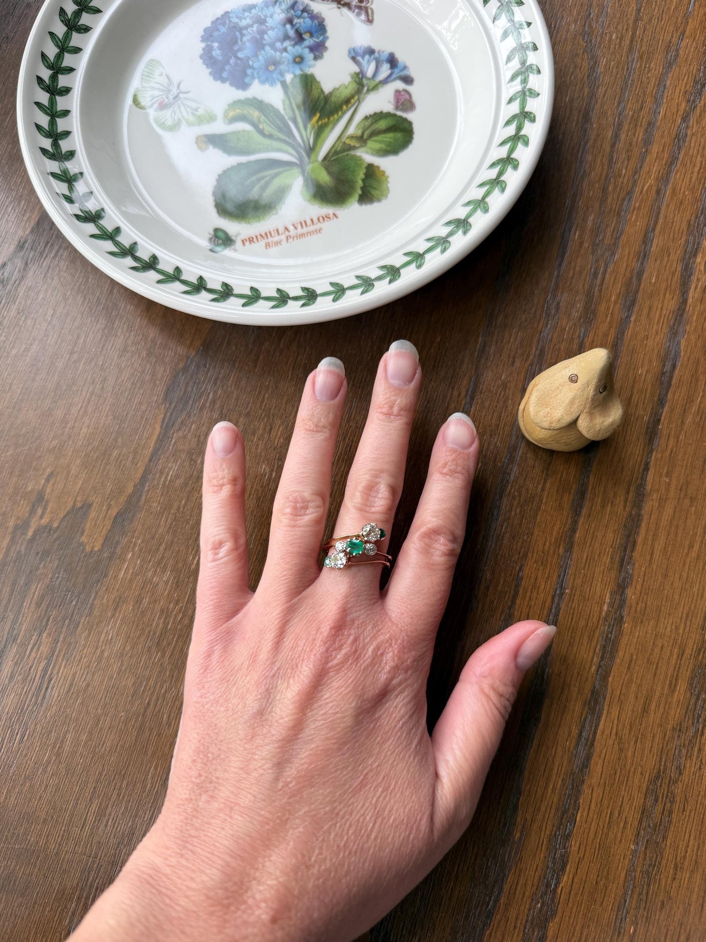 Antique EMERALD 1.4 Carat Old Mine Cut DIAMOND Angled Cluster Ring Chunky White Victorian 18k Gold Two Levels Double Bands Green Gift OMC