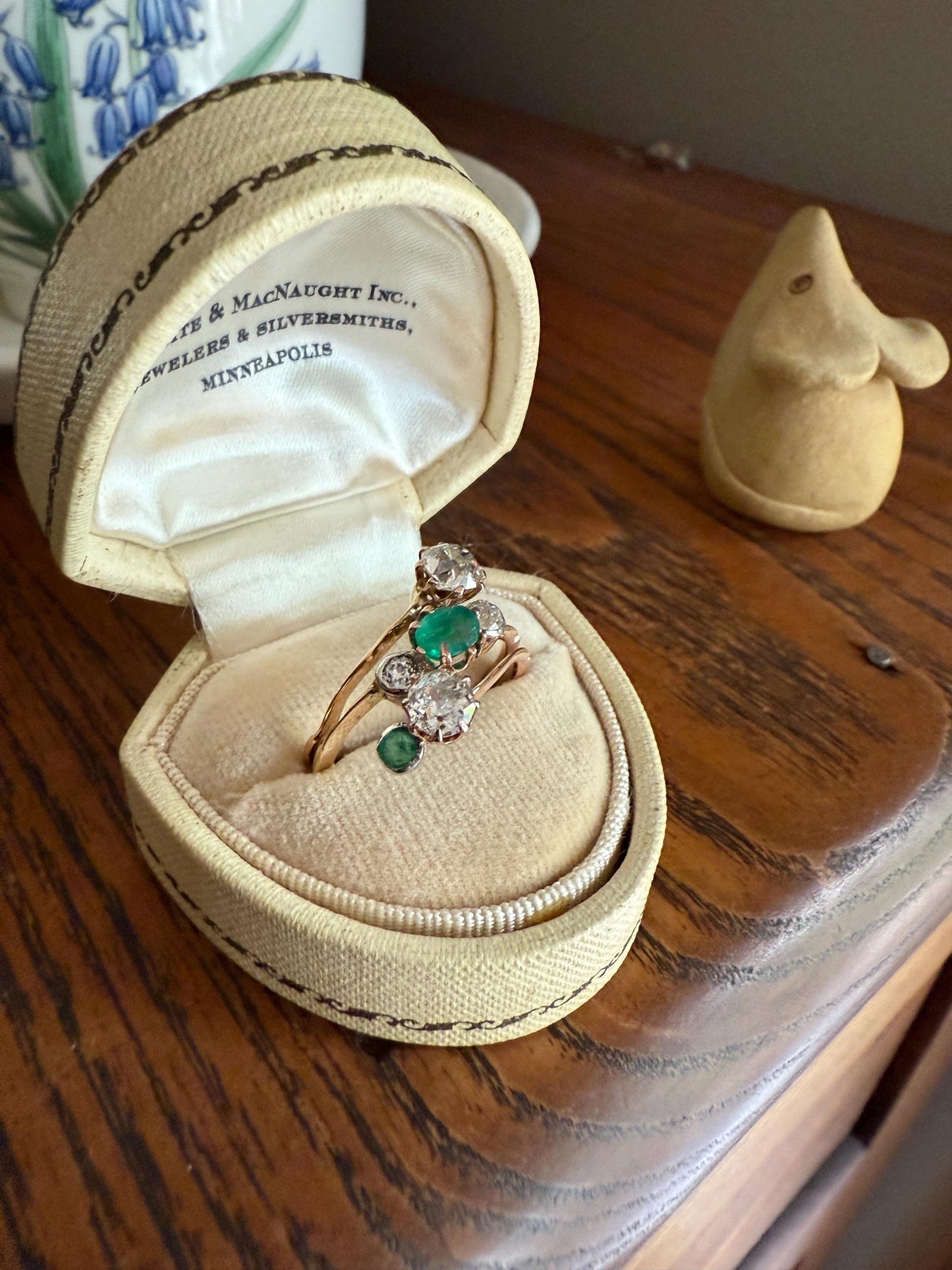 Antique EMERALD 1.4 Carat Old Mine Cut DIAMOND Angled Cluster Ring Chunky White Victorian 18k Gold Two Levels Double Bands Green Gift OMC