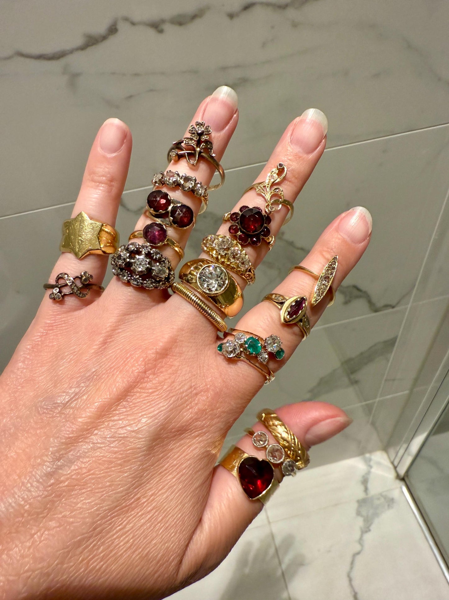 Antique EMERALD 1.4 Carat Old Mine Cut DIAMOND Angled Cluster Ring Chunky White Victorian 18k Gold Two Levels Double Bands Green Gift OMC