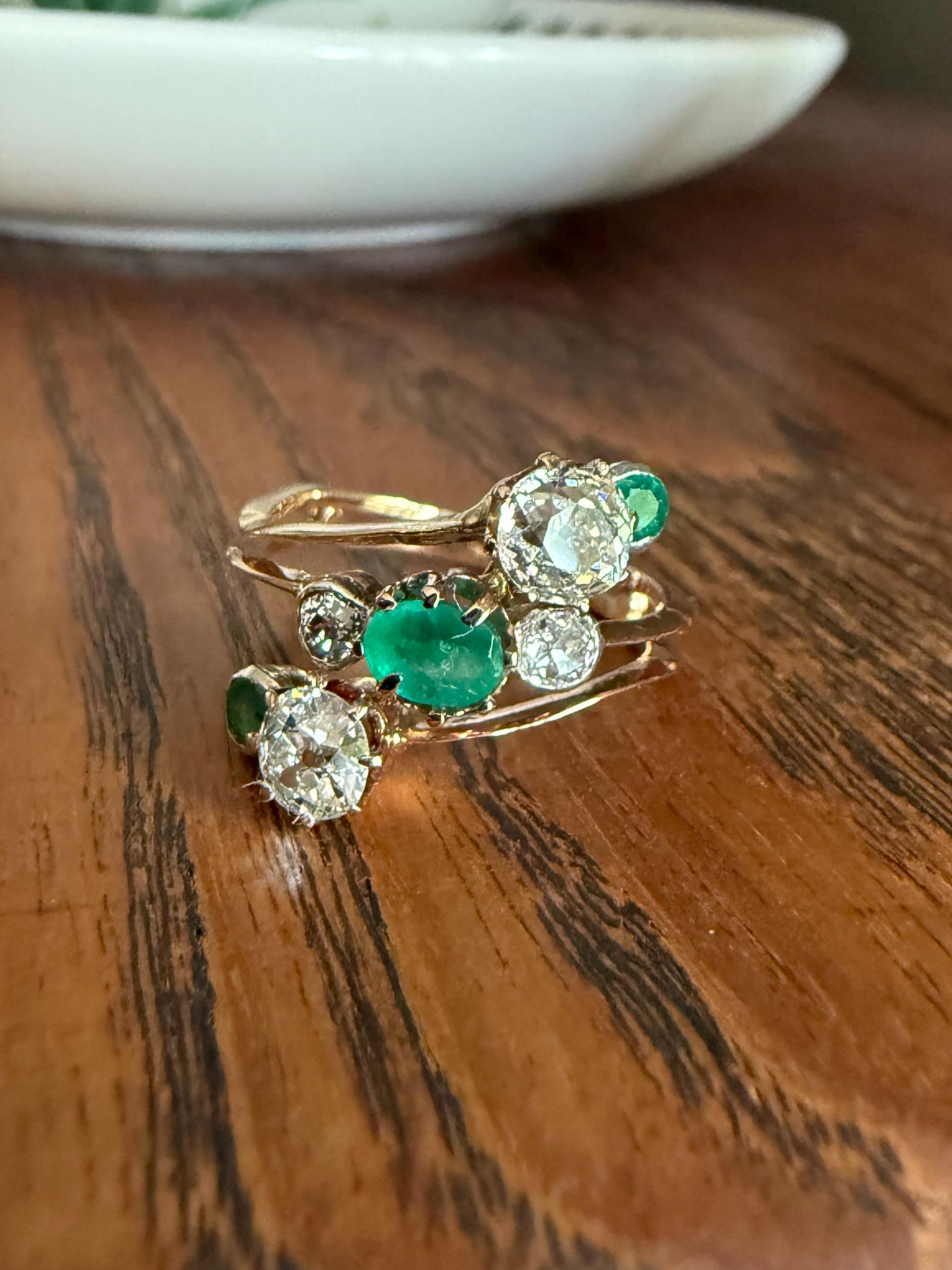 Antique EMERALD 1.4 Carat Old Mine Cut DIAMOND Angled Cluster Ring Chunky Victorian 18k Gold Two Levels Double Bands Green