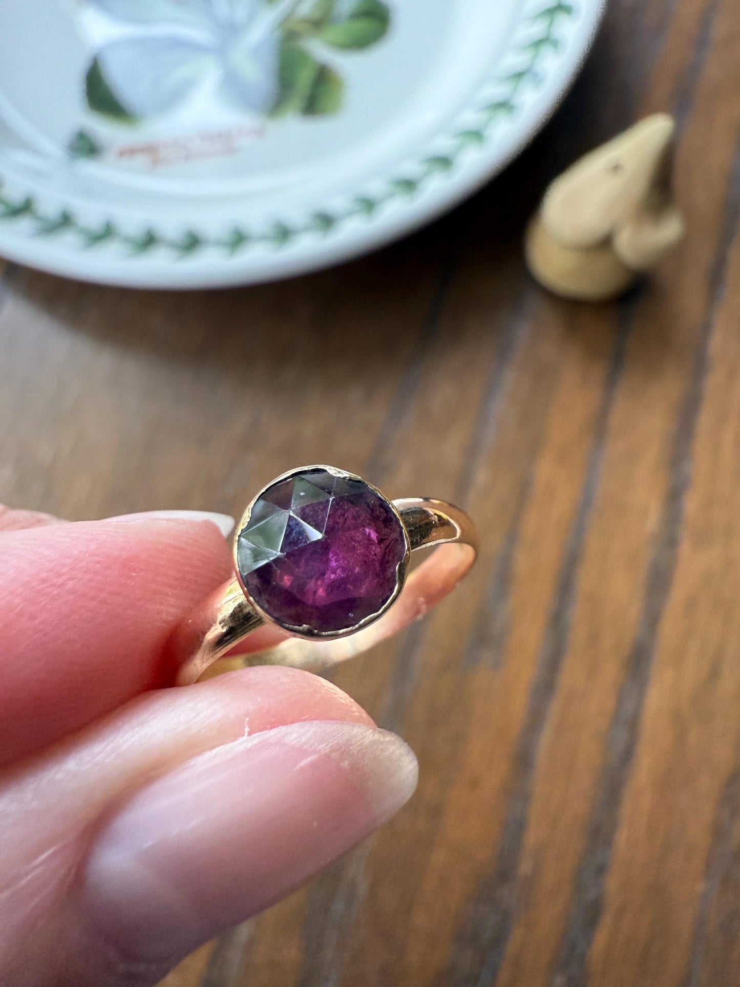 Purple PERPIGNAN GARNET Solitaire Ring 18k Gold Bezel Set Rose Cut Closed Back Stacker Band Almandine Glowing Comfort Fit Romantic Gift