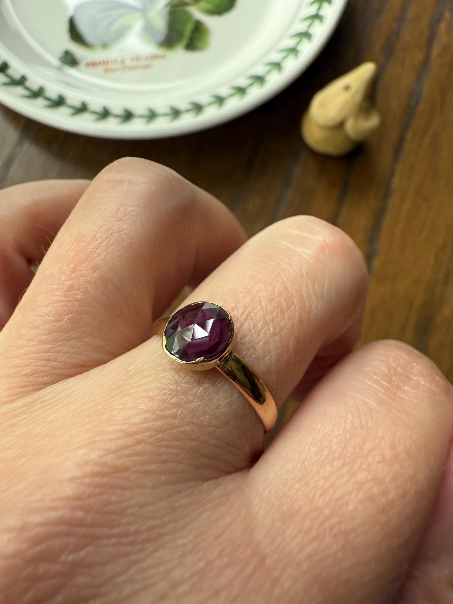Purple PERPIGNAN GARNET Solitaire Ring 18k Gold Bezel Set Rose Cut Closed Back Stacker Band Almandine Glowing Comfort Fit Romantic Gift