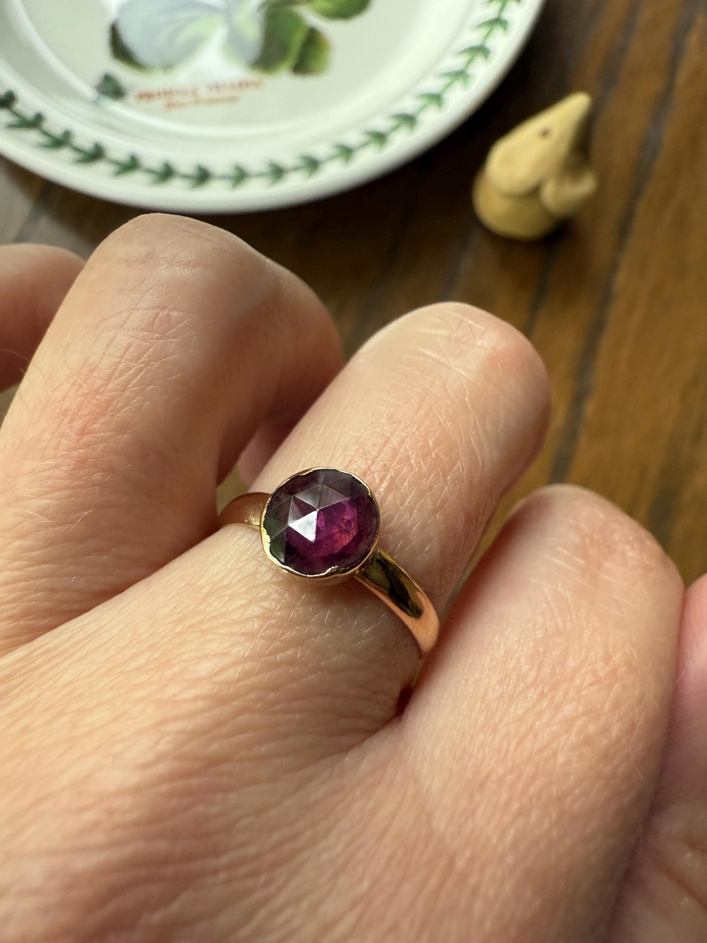 Purple PERPIGNAN GARNET Solitaire Ring 18k Gold Bezel Set Rose Cut Closed Back Stacker Band Almandine Glowing Comfort Fit Romantic Gift