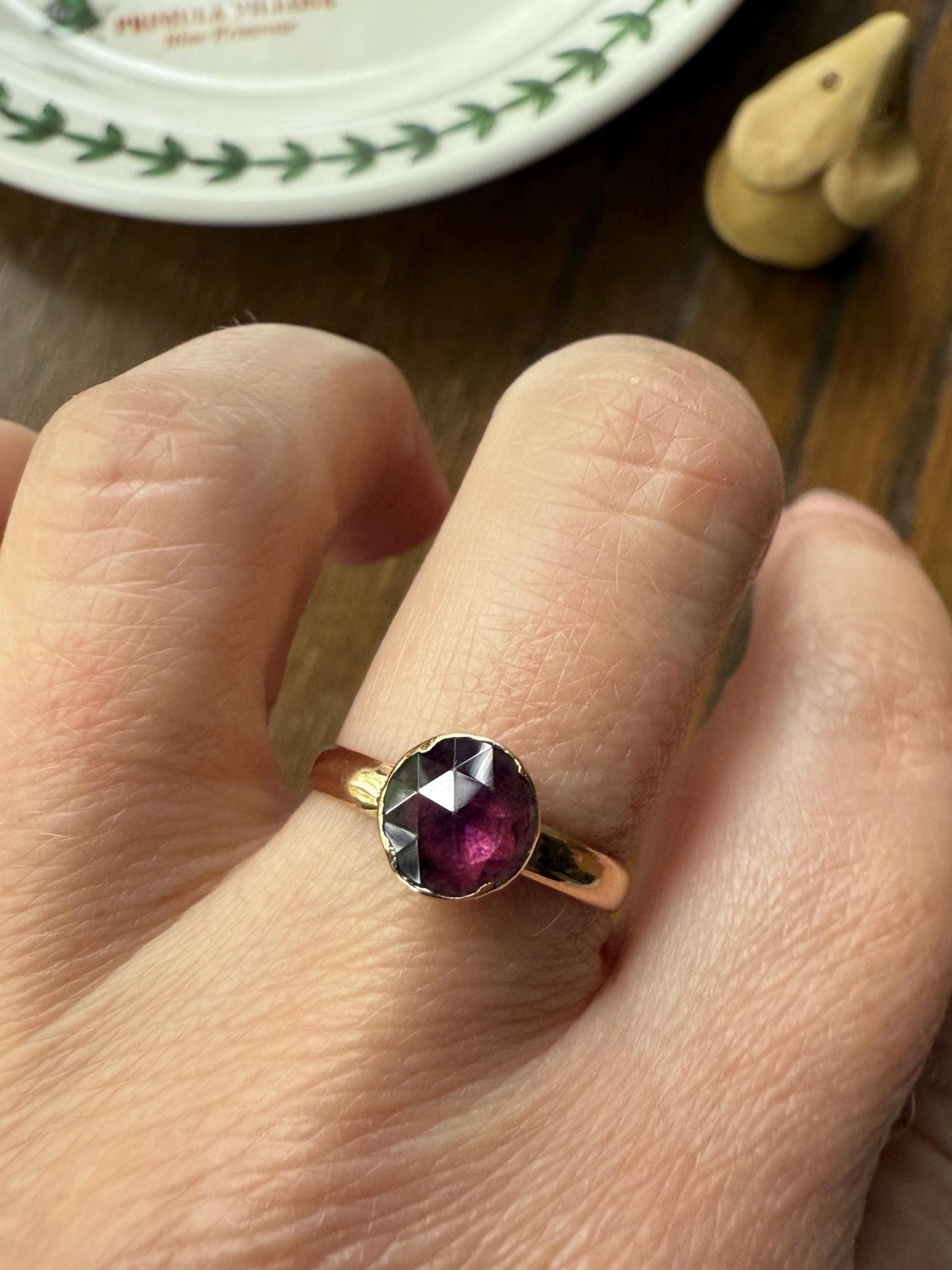 Purple PERPIGNAN GARNET Solitaire Ring 18k Gold Bezel Set Rose Cut Closed Back Stacker Band Almandine Glowing Comfort Fit Romantic Gift