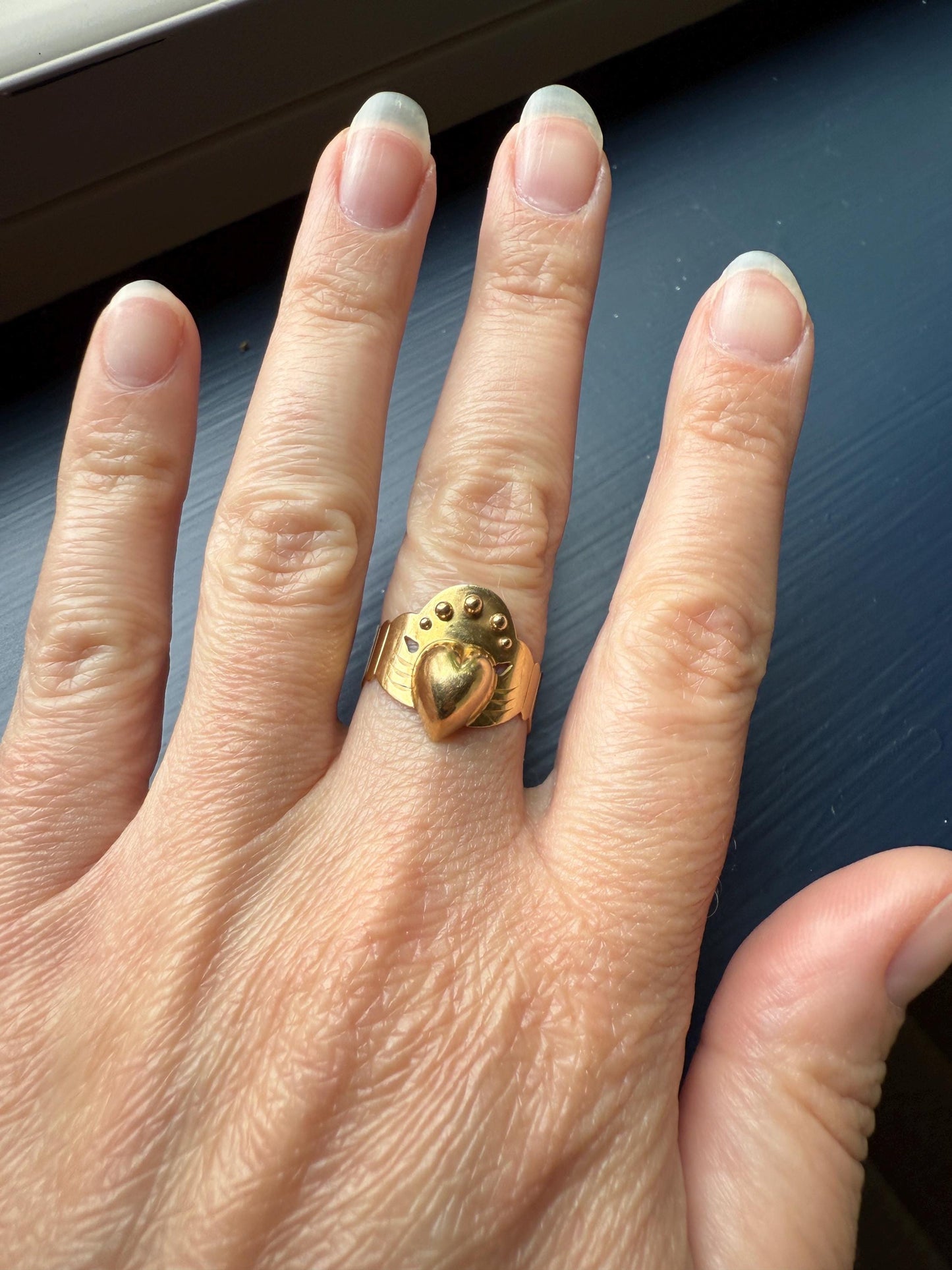 Antique Crowned Puffy Heart Bague de Foi French Regional Ring Fede Hands Ball Rivets 18k GOLD Folk Victorian Wide Band Love Figural Gift