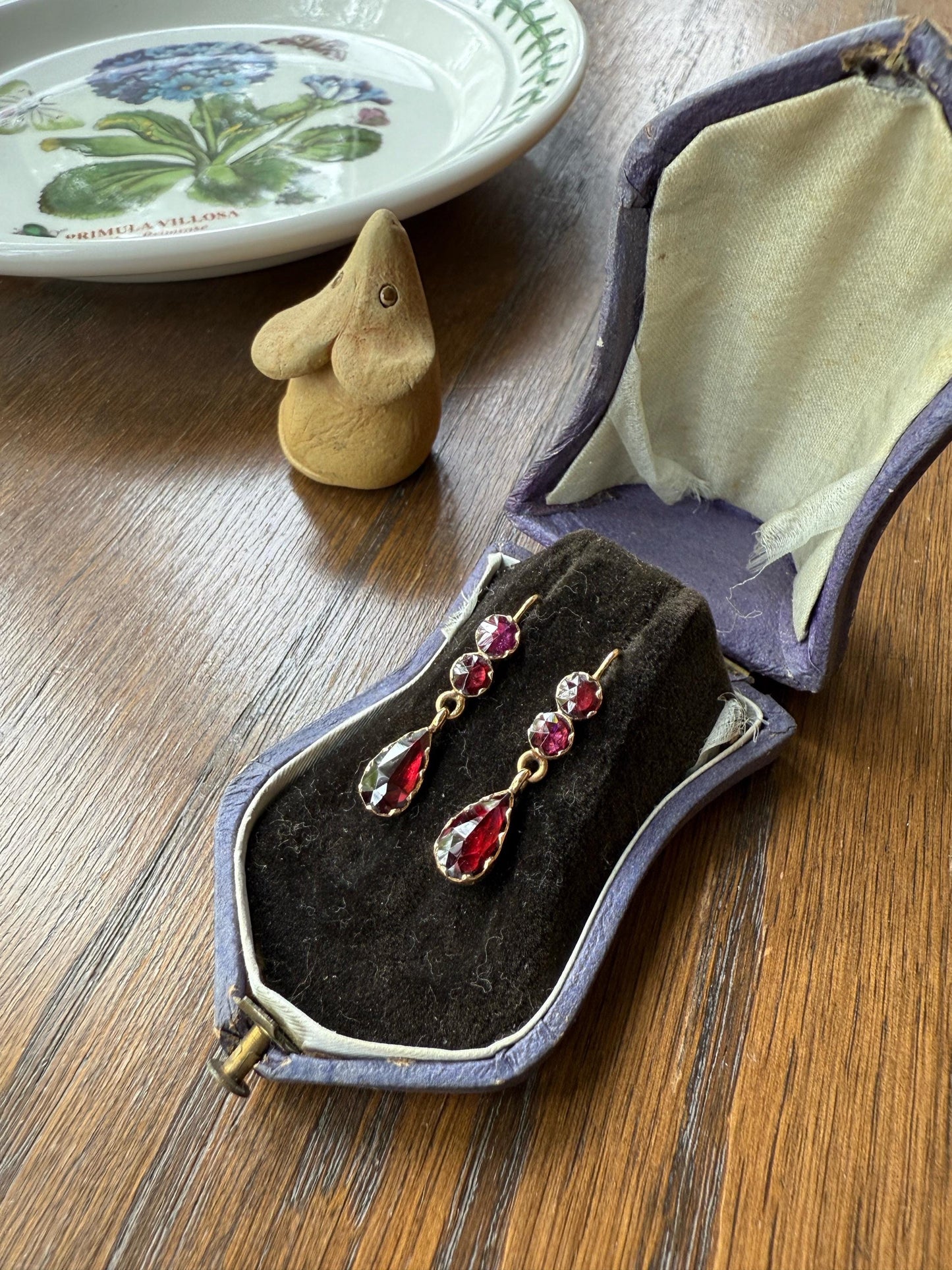 Teardrop DANGLES Antique PERPIGNAN GARNET Earrings 18k Gold Bezel Set Three Stone French Dormouse Rose Cut Closed Back Almandine Glowing