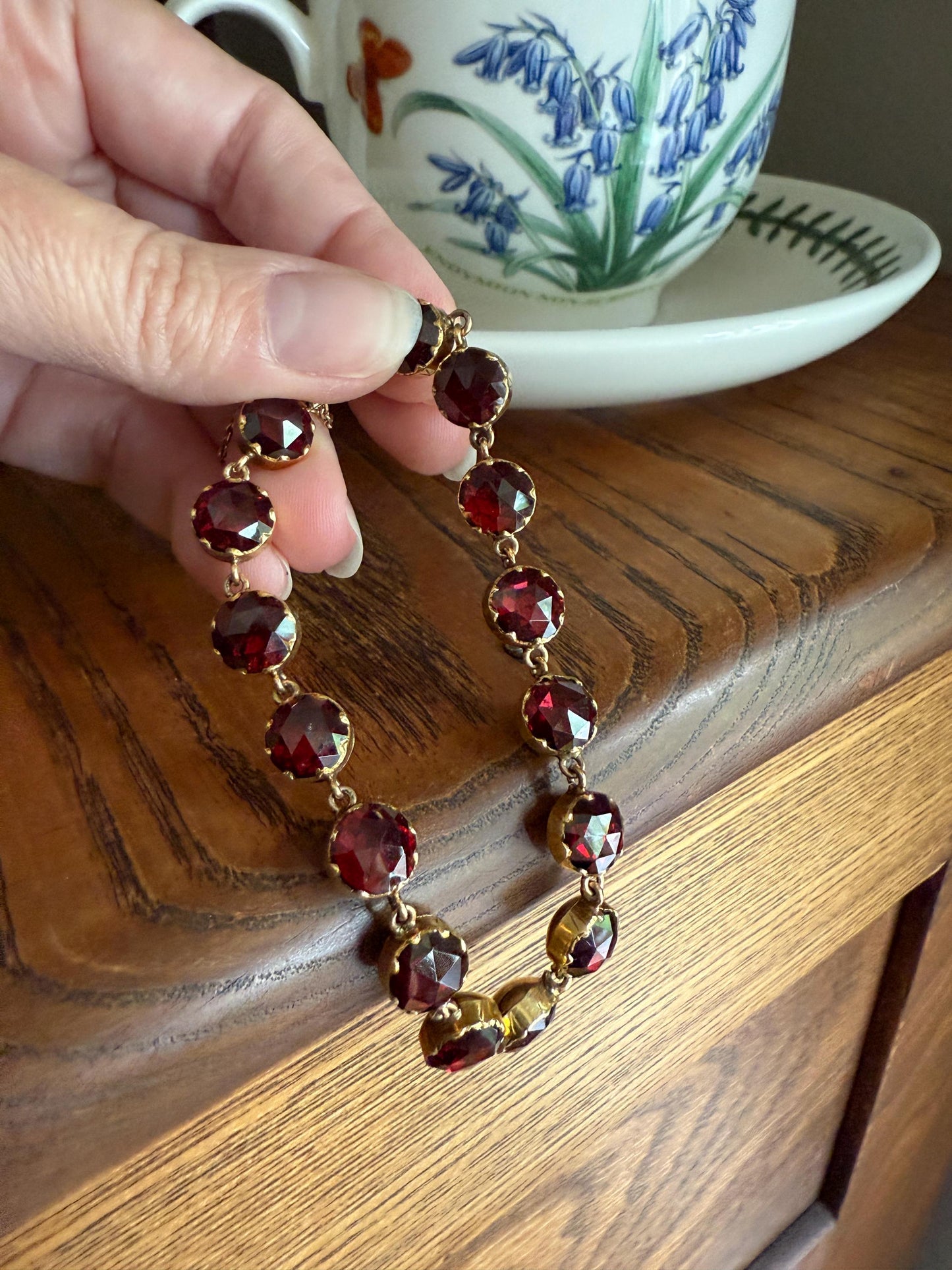 Vintage French PERPIGNAN GARNET Riviere Eternity Bracelet 18k Gold Bezel Set Rose Cut Closed Back Almandine Glowing Raspberry Wine Love Gift